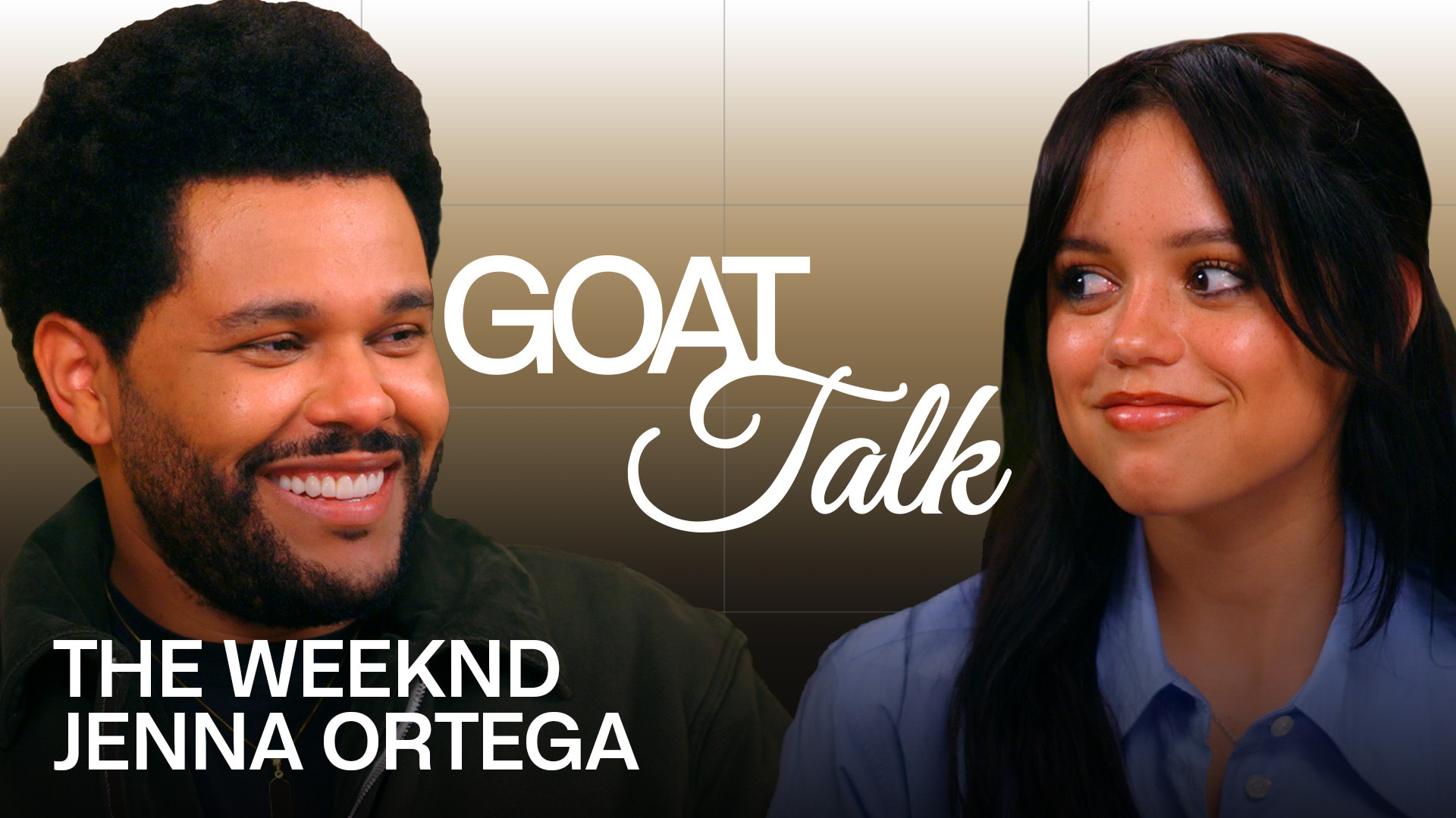 The Weeknd and Jenna Ortega smiling at each other with "GOAT Talk" text between them.