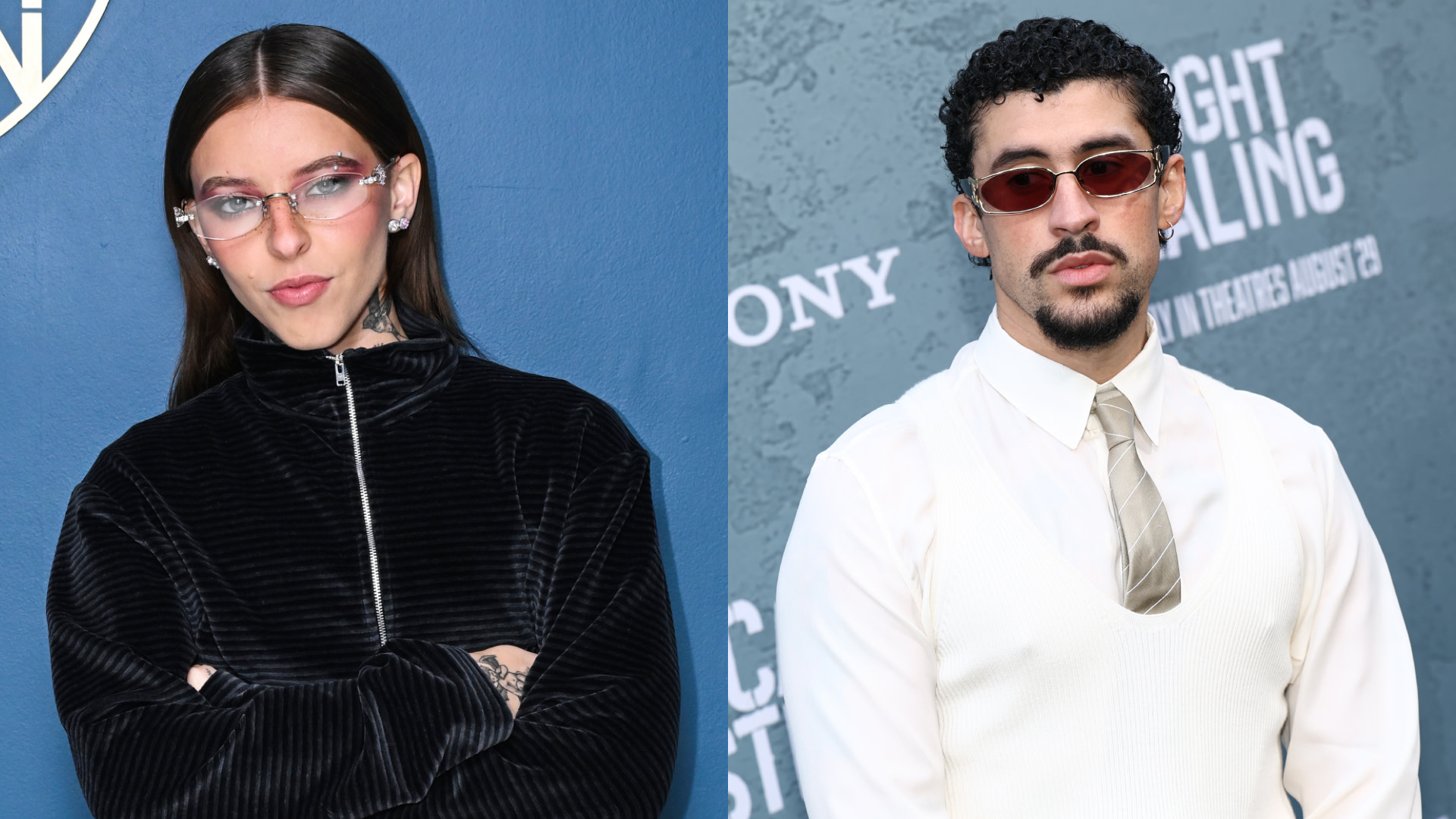 Split image. Left: Young Miko in a black jacket with glasses. Right: Bad Bunny in a white shirt and tie with sunglasses.