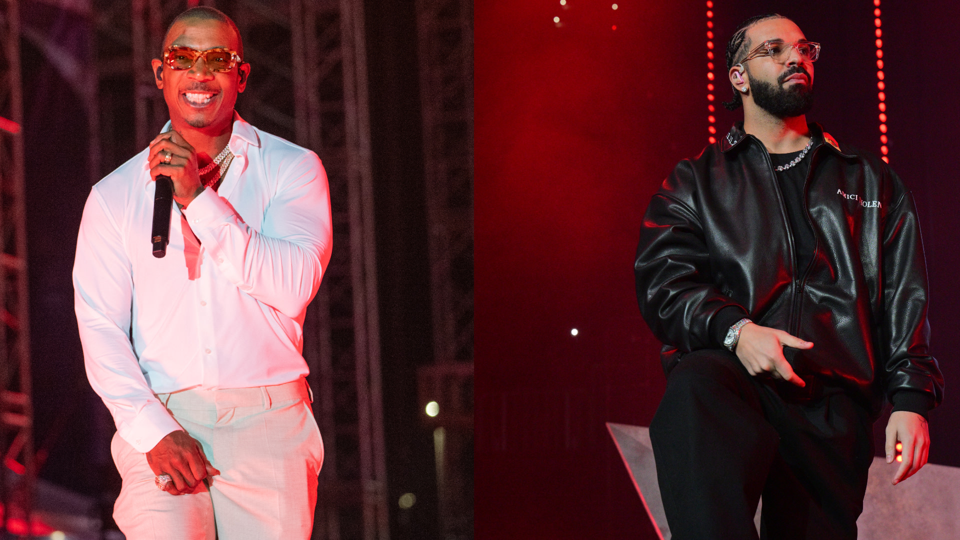 Ja Rule performing in a white shirt and sunglasses; Drake performing in a black leather jacket on stage.