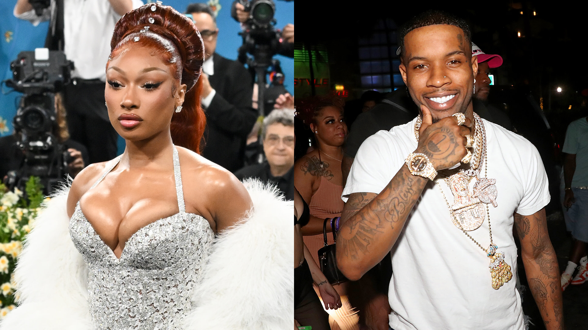 Megan Thee Stallion in a sparkling silver dress at an event; Tory Lanez smiling in a white t-shirt with jewelry.