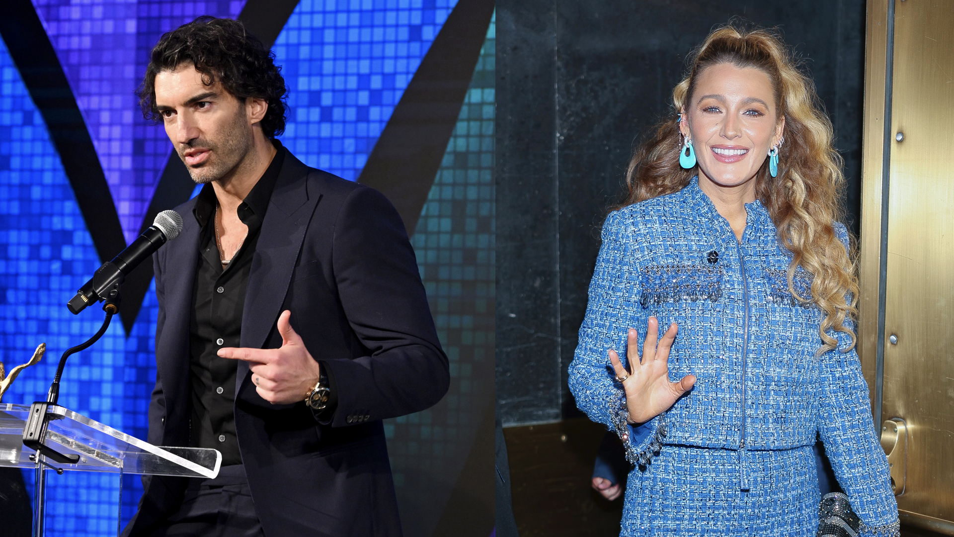 (L) Actor/filmmaker and VOS Honoree, Justin Baldoni speaks onstage at the Vital Voices 12th Annual Voices of Solidarity Awards at IAC Building on December 09, 2024 in New York City. (R) Blake Lively arrives to 'Late Night with Seth Meyers' in Midtown on May 01, 2025 in New York City. 
