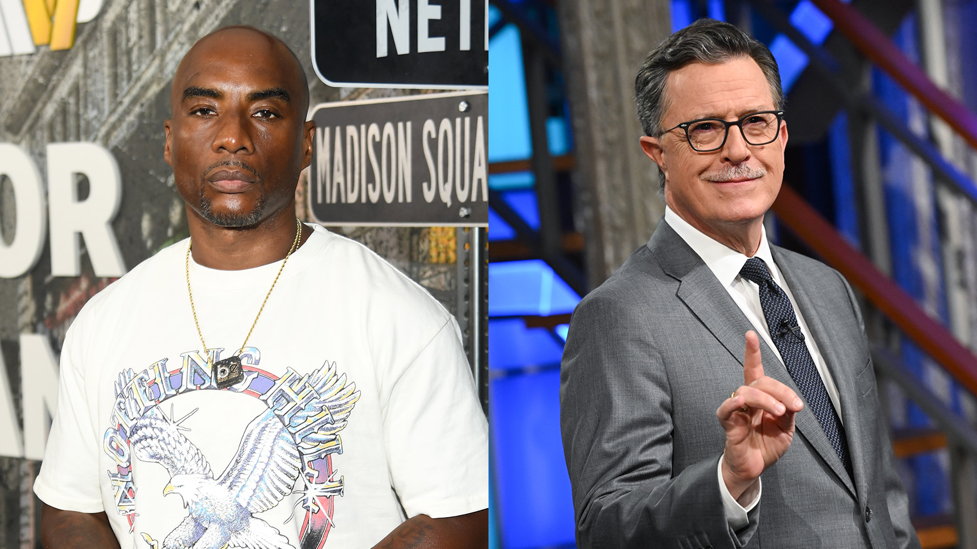 Charlamagne tha God in a white t-shirt with an eagle design, and Stephen Colbert in a gray suit and glasses, gesturing with his hand.