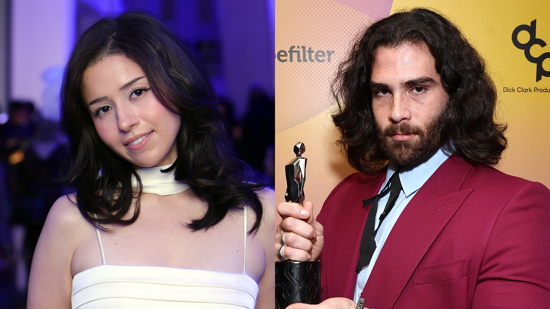 Two people are pictured: streamer Pokimane a white dress on the left, and streamer Hasan Piker with long hair in a red suit, holding an award on the right.