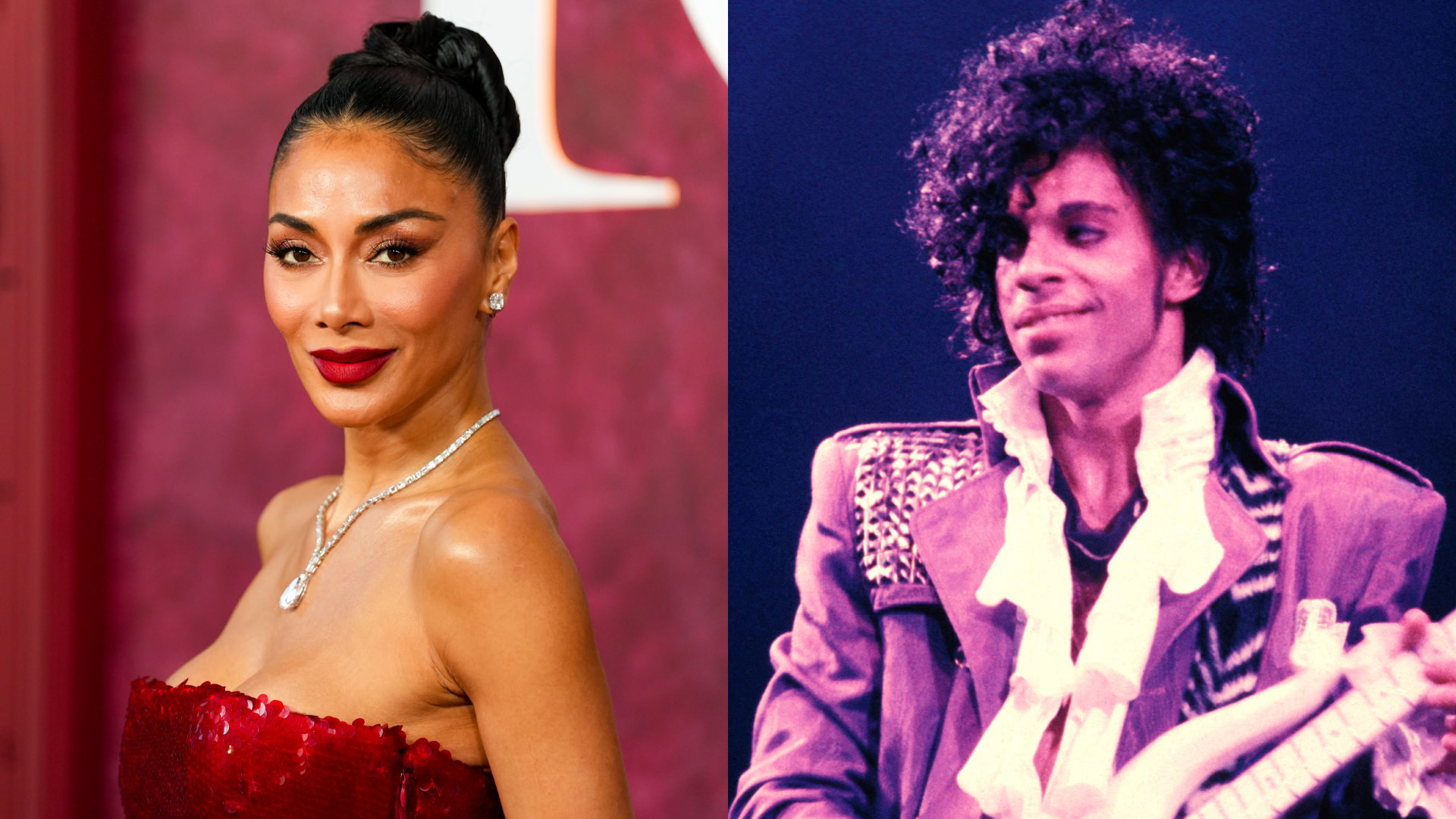 (L) Nicole Scherzinger in a red dress. (R) Prince performing with a guitar, both against vibrant backgrounds.
