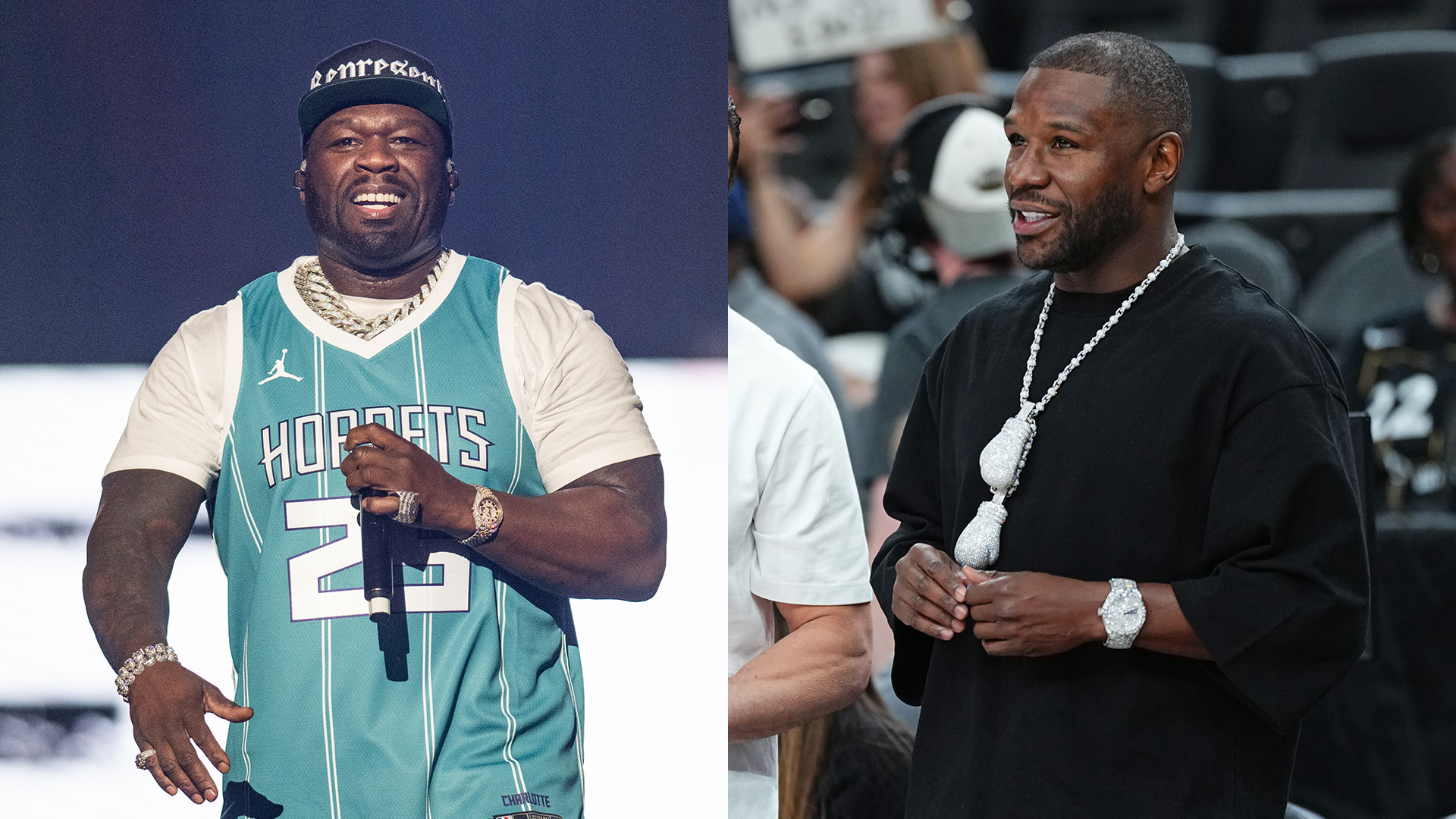 50 Cent wearing a Hornets jersey on stage; Floyd Mayweather in a black shirt with diamond jewelry at an event.