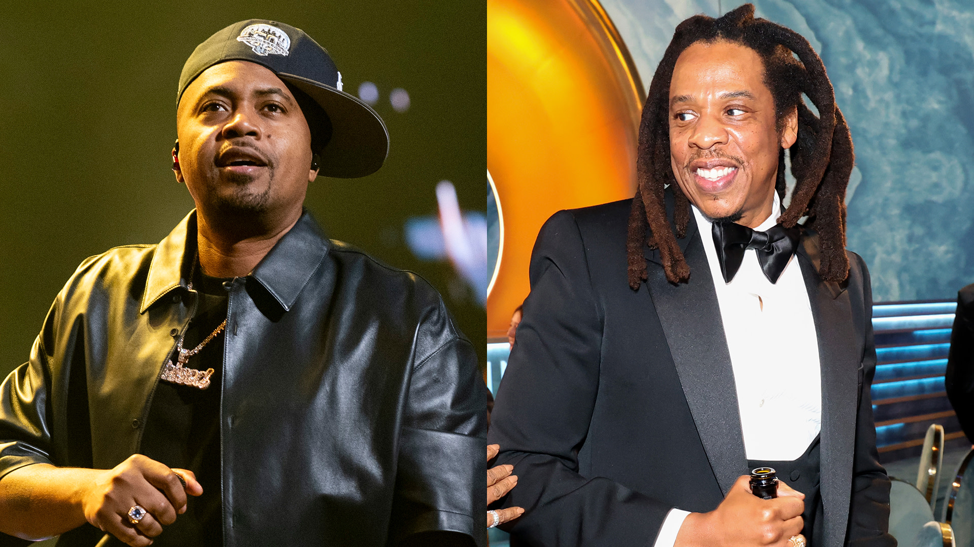Nas performing in a leather jacket and cap; Jay-Z in a tuxedo with dreadlocks, smiling at an event.