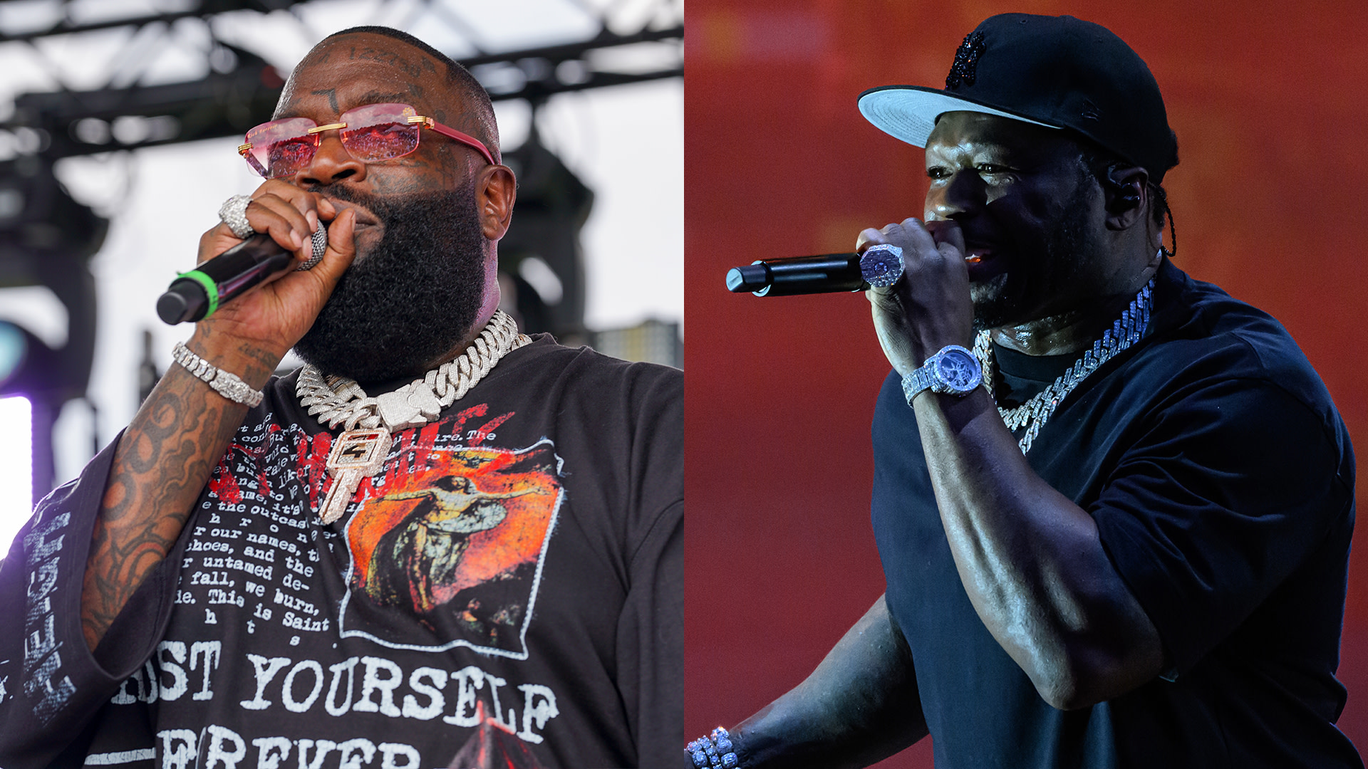 Rick Ross and 50 Cent performing on stage, each holding a microphone and wearing jewelry.