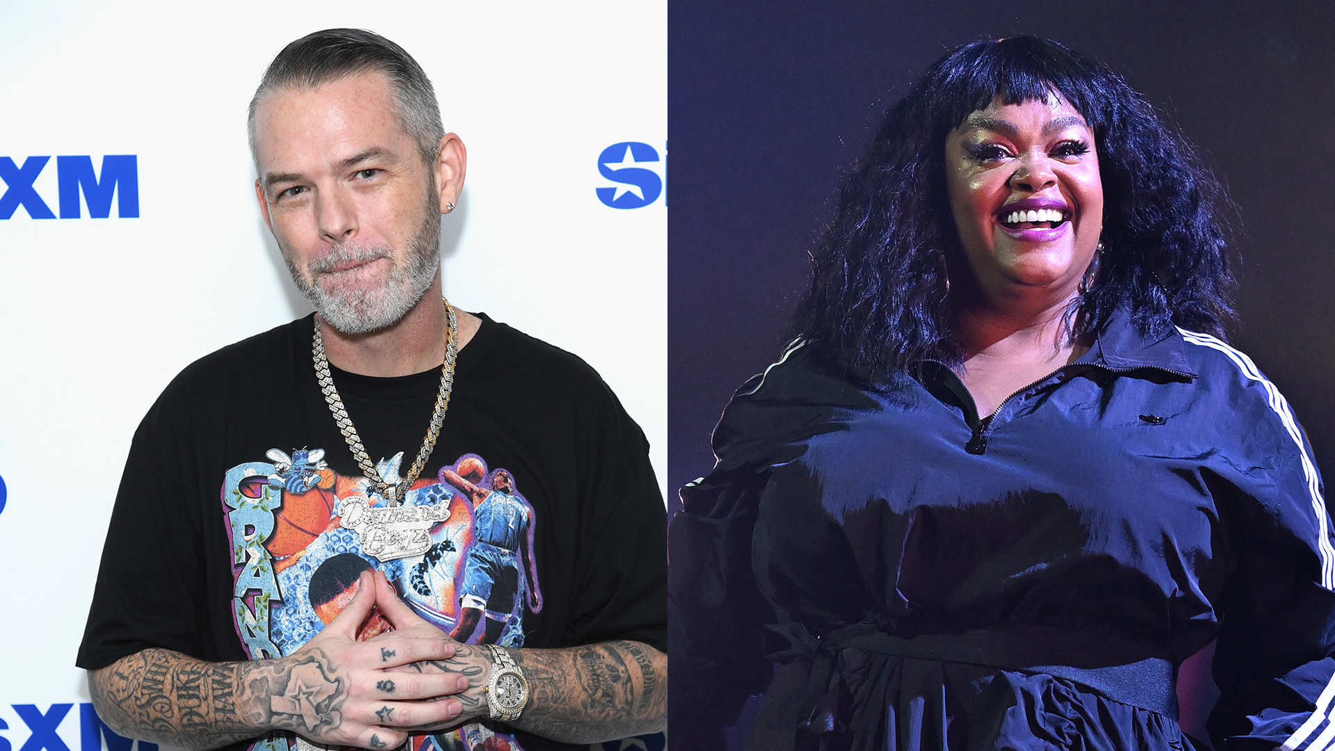 A man with tattoos and jewelry on the left, and a woman with long hair and a tracksuit smiling on the right.