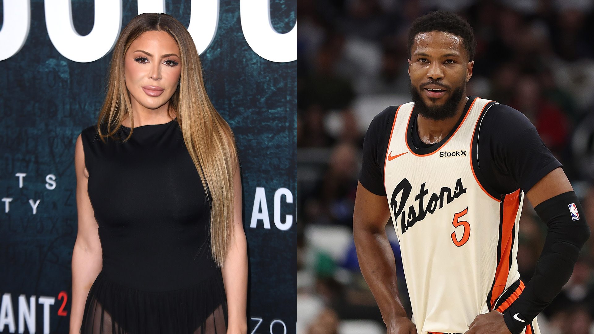Larsa Pippen in a black dress at an event; Malik Beasley in a Detroit Pistons uniform during a basketball game.