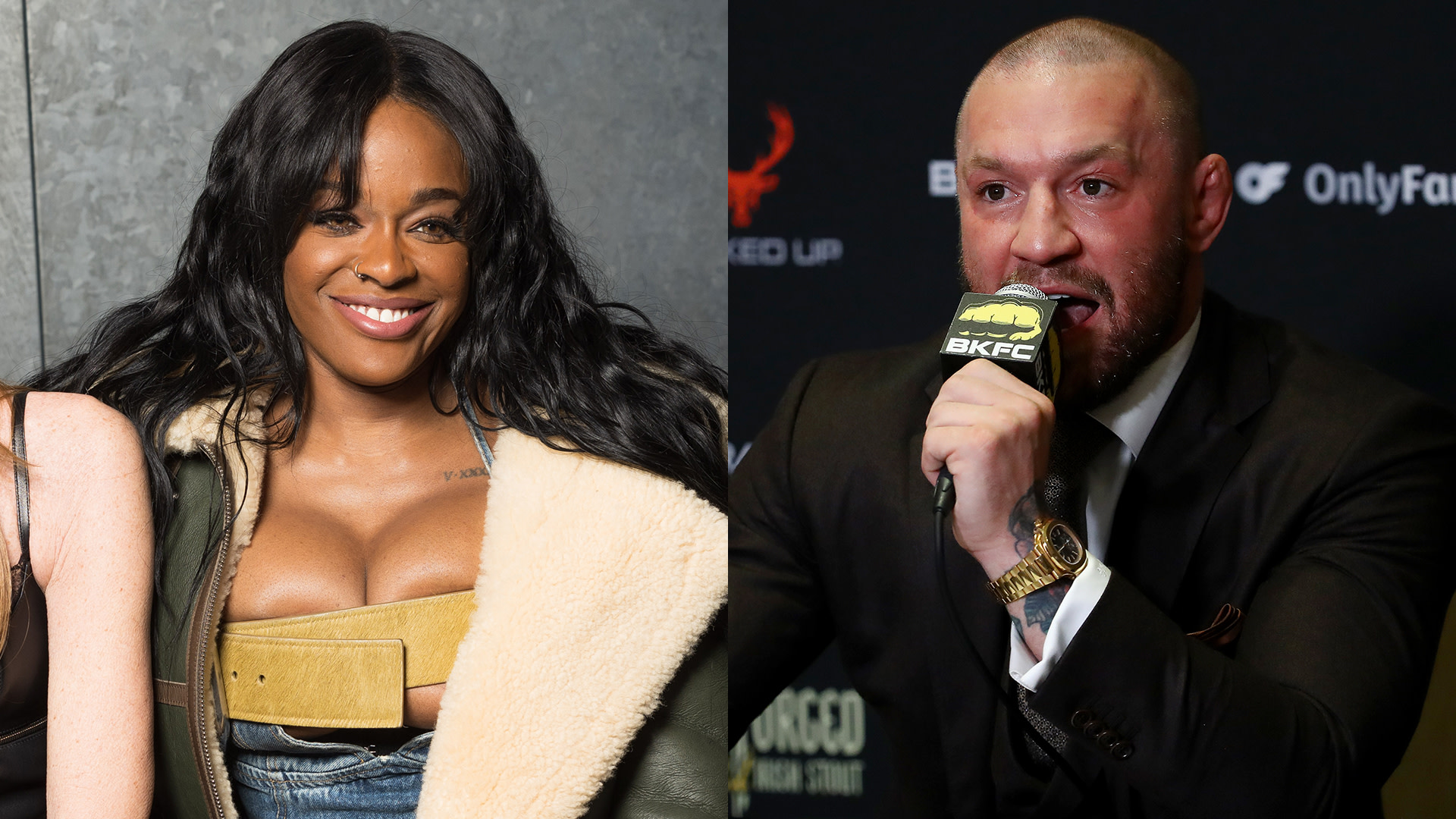 Azealia Banks smiling in a stylish outfit; Conor McGregor speaking into a microphone at an event.