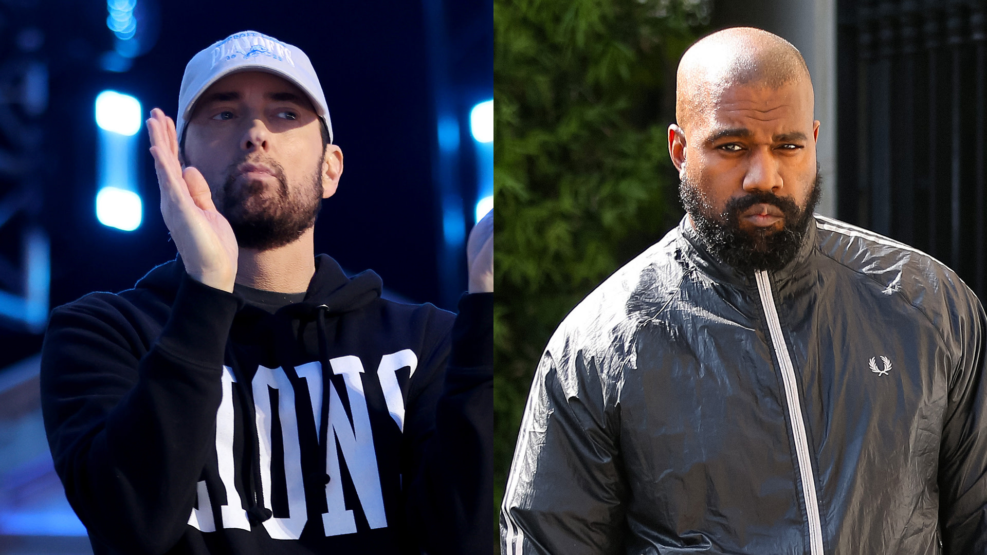 Eminem clapping in a hoodie and cap on the left; Kanye West in a black jacket on the right, looking serious.