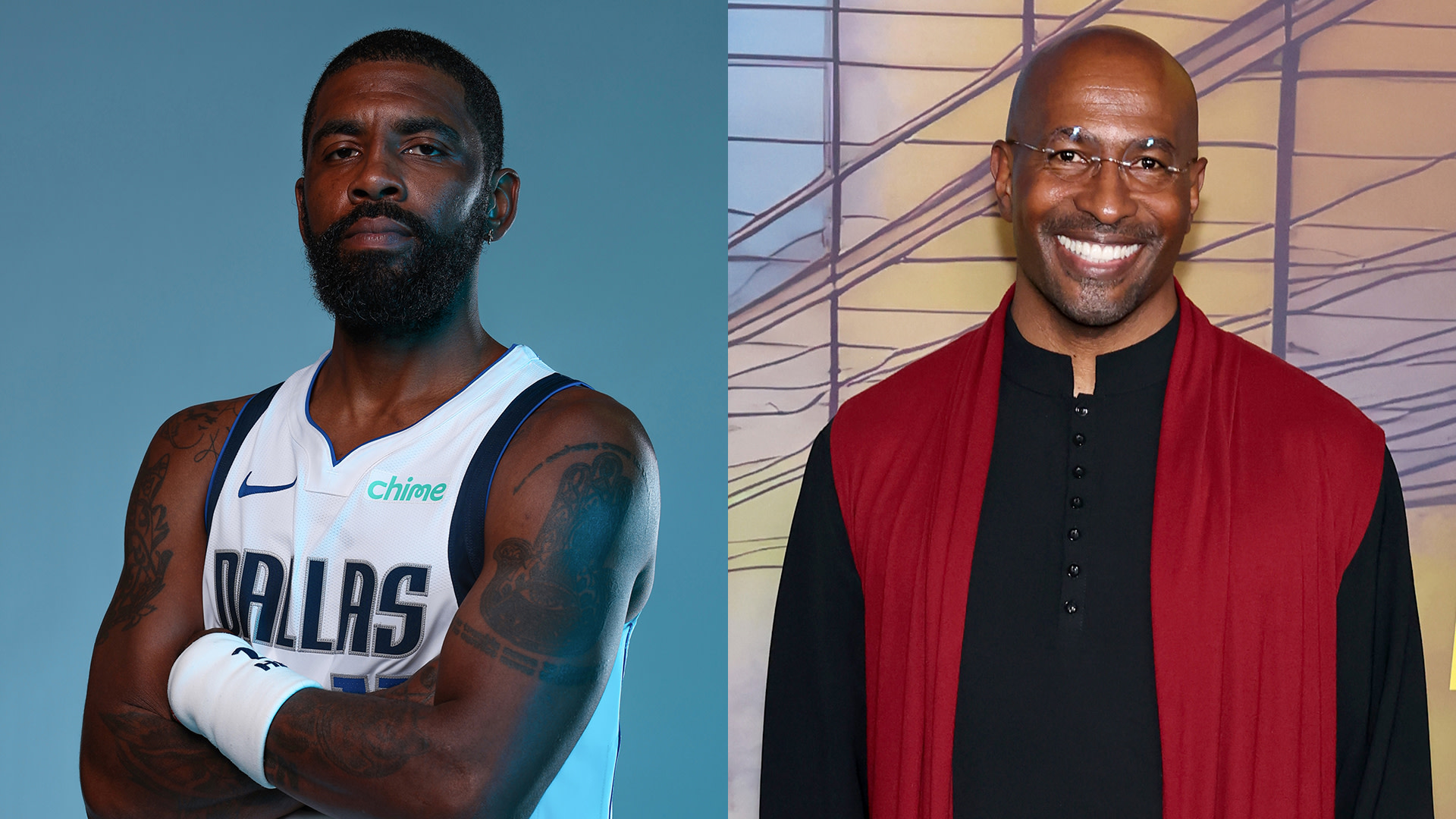 Kyrie Irving in a Dallas Mavericks jersey, arms crossed, next to Van Jones smiling, wearing glasses and a red and black outfit.