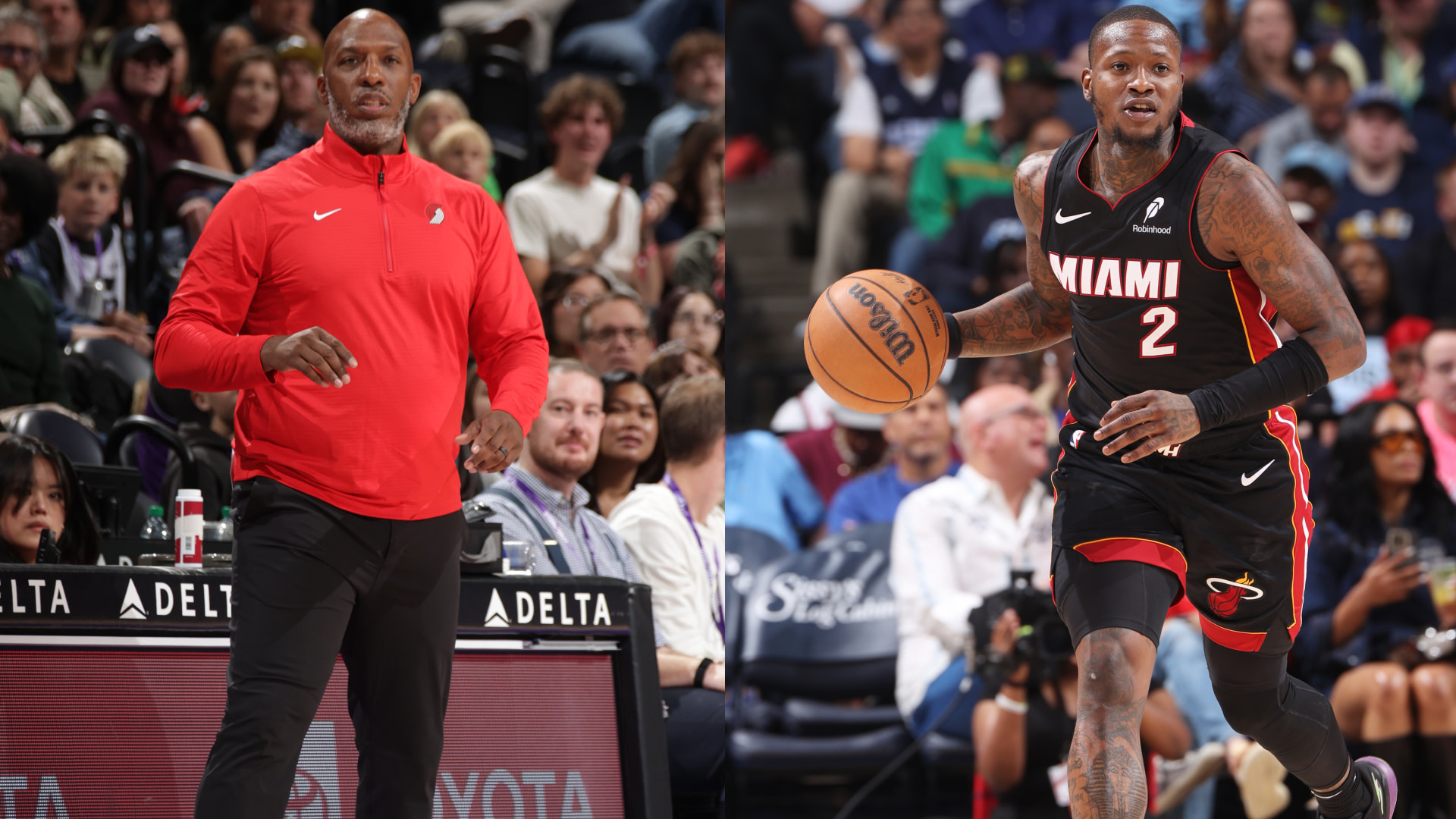 A basketball coach in a red jacket stands courtside, and a Miami Heat player dribbles the ball during a game.