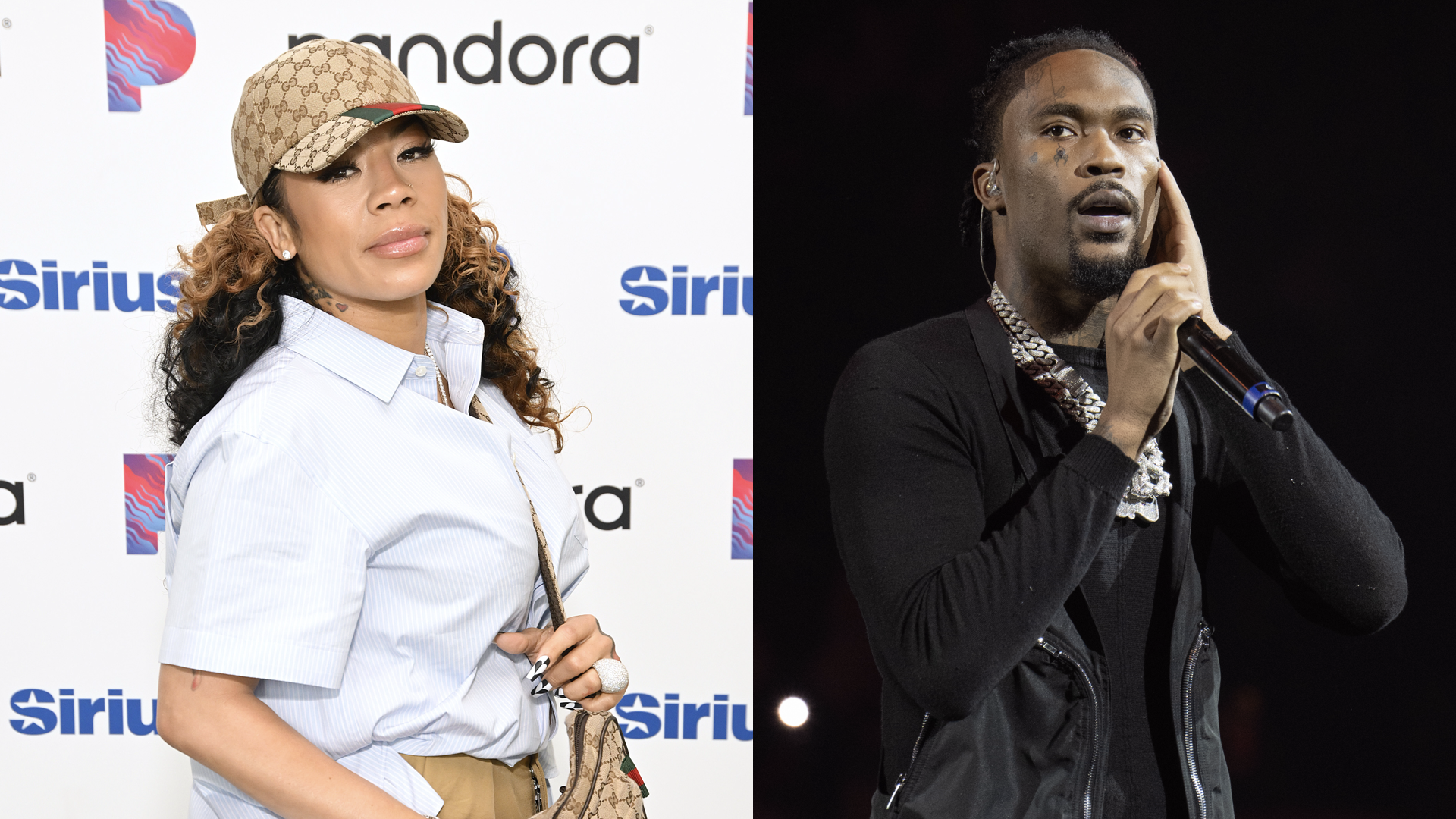 (L) Keyshia Cole pays a visit to SiriusXM Studios on April 17, 2025 in Los Angeles, California. (R) Rapper Hunxho performs during Rod Wave - Last Lap Tour at State Farm Arena on December 5, 2024 in Atlanta, Georgia. 