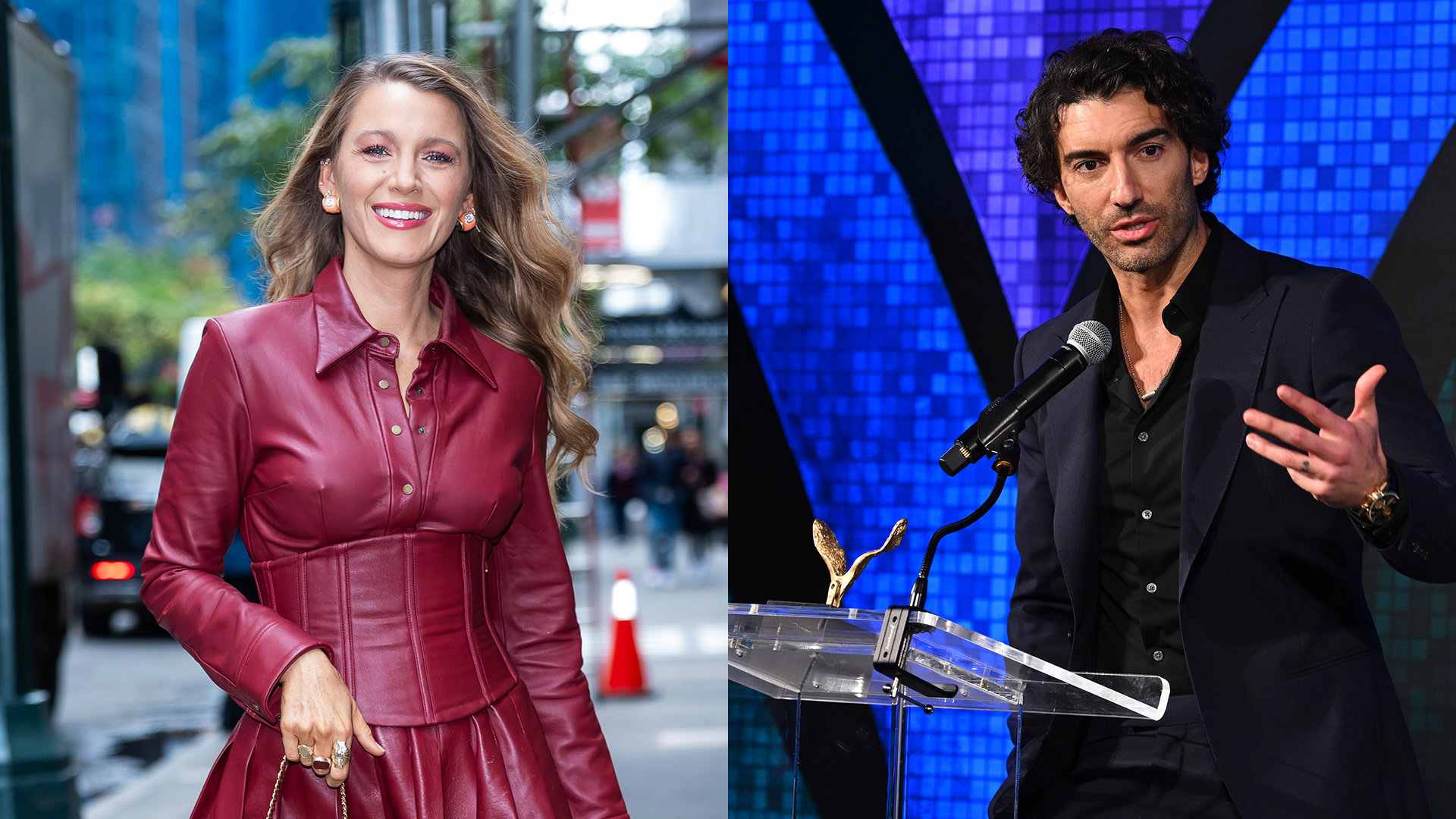 Blake Lively in a red leather outfit outdoors, and Justin Baldoni speaking at a podium in a suit against a blue backdrop.