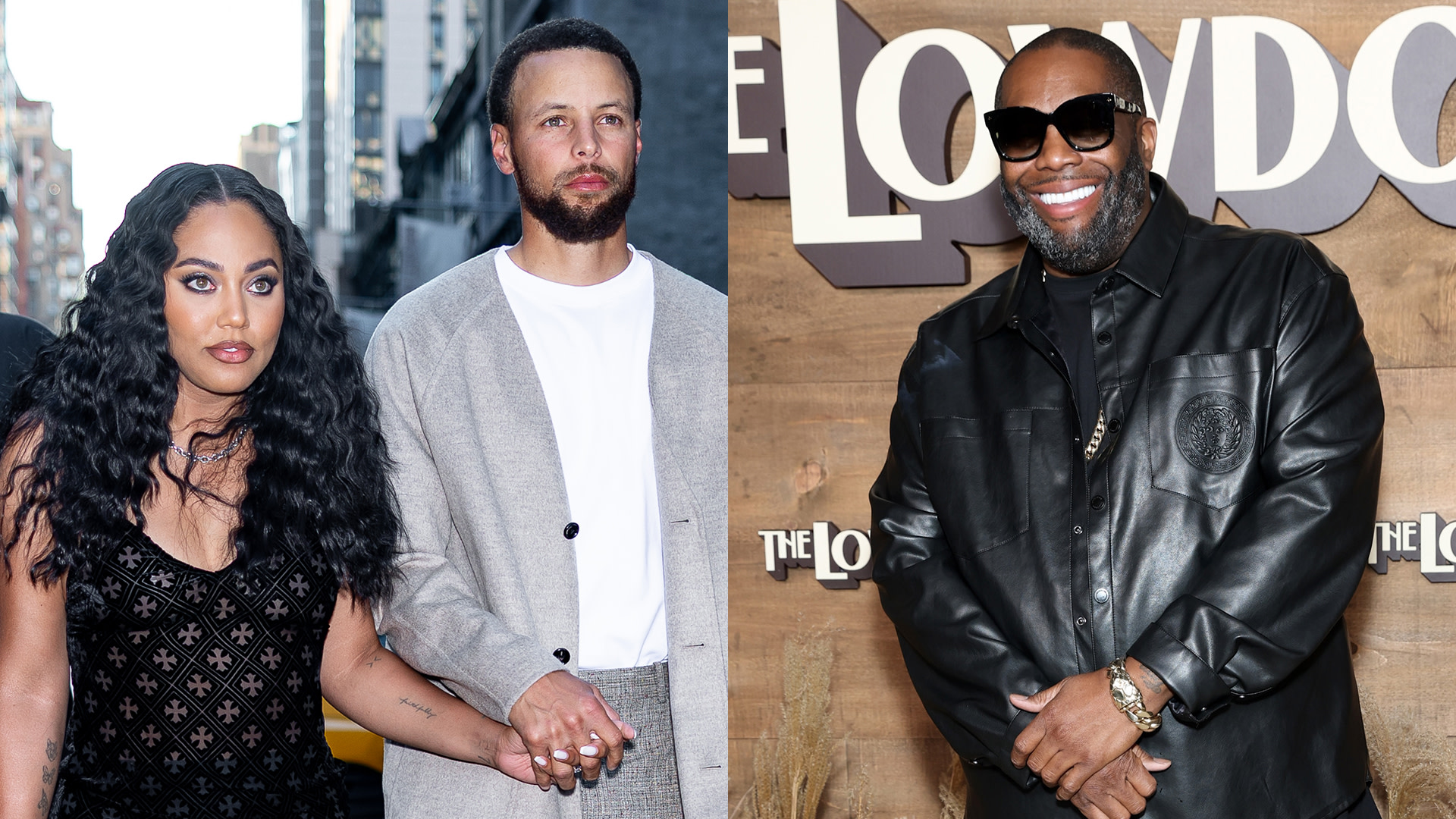 Ayesha and Stephen Curry holding hands on the left, and Killer Mike smiling in sunglasses on the right.