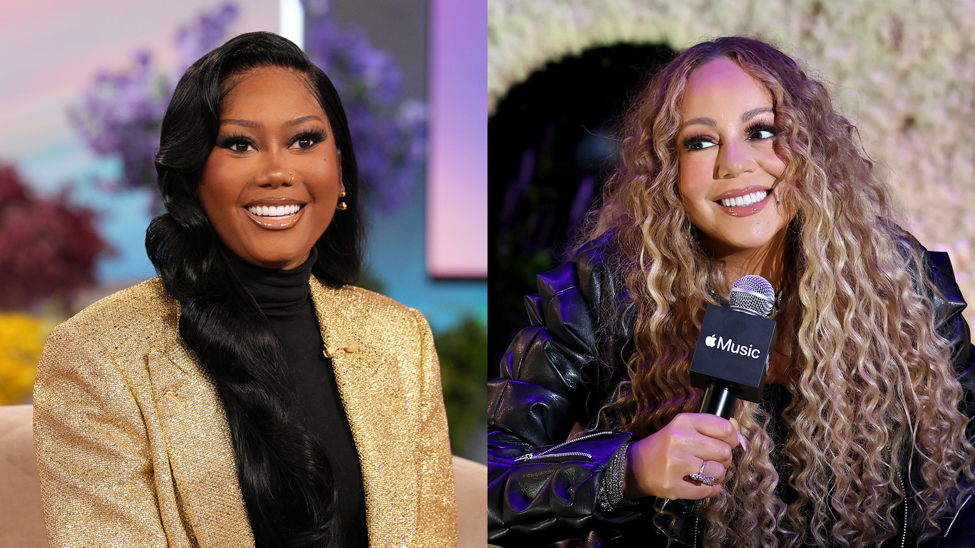 Two women are pictured. On the left, Muni Long, in a gold jacket, smiles. On the right, Mariah Carey holds a microphone, smiling.