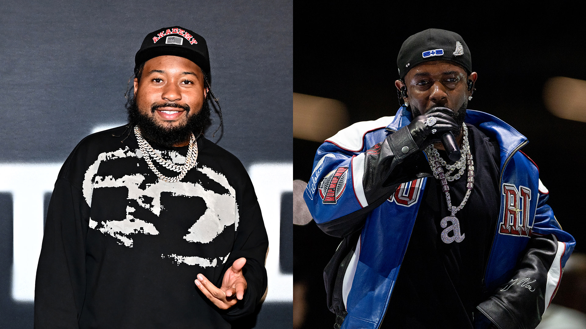 Two men side by side: Left, DJ Akademiks in a black cap and sweater, smiling. Right, Kendrick Lamar performing at the Super Bowl Halftime Show in a blue jacket, holding a microphone.