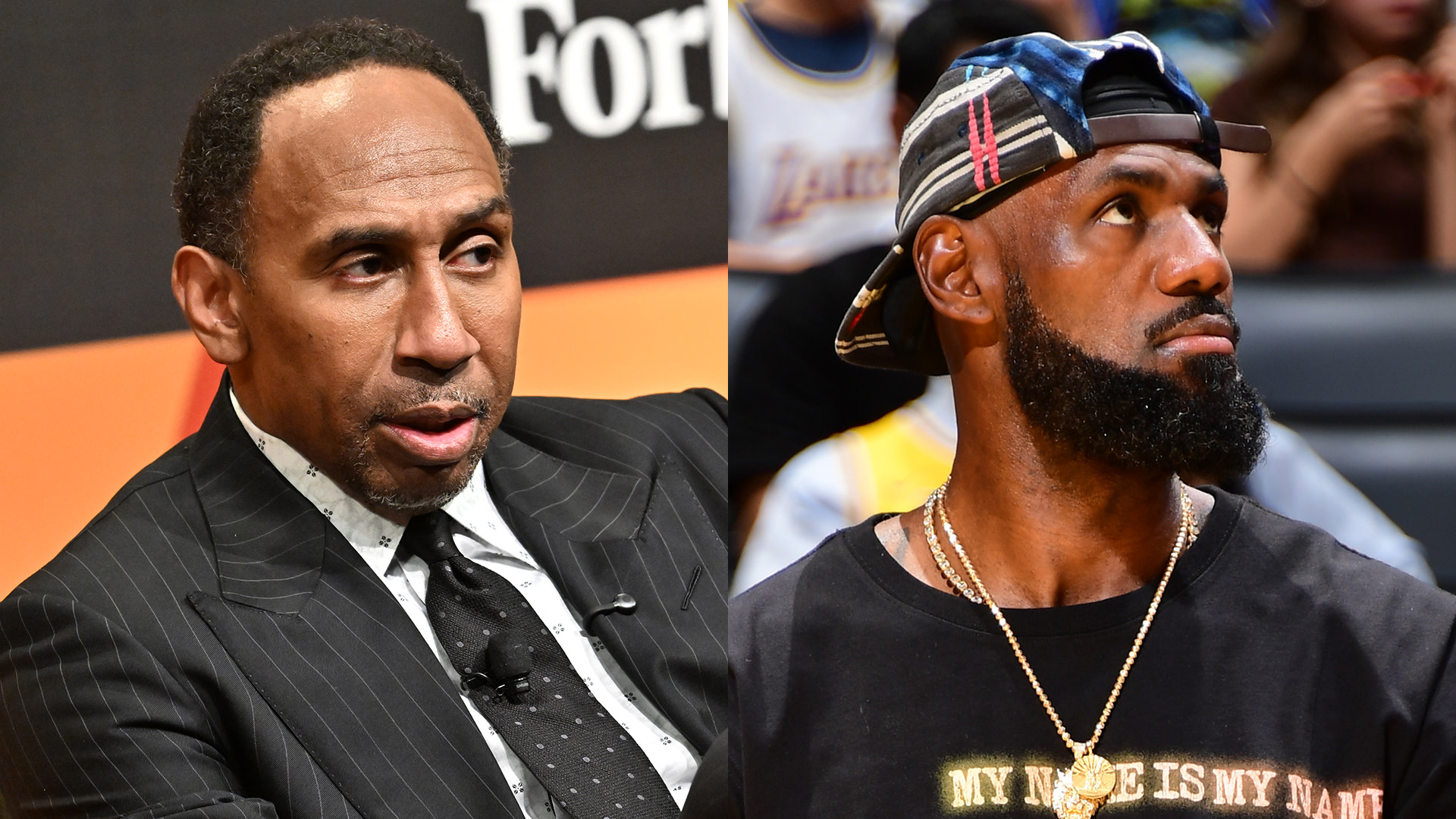 Stephen A. Smith in a suit on the left; LeBron James in casual attire with a cap on the right.