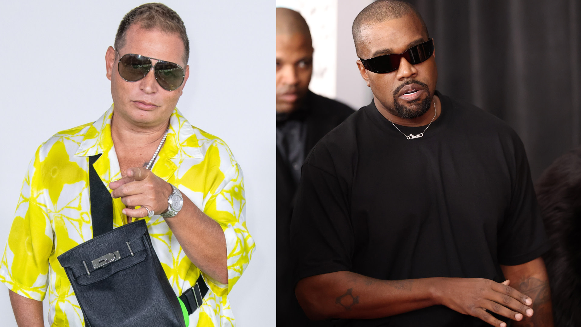 Scott Storch in a yellow shirt pointing, Kanye West in black.