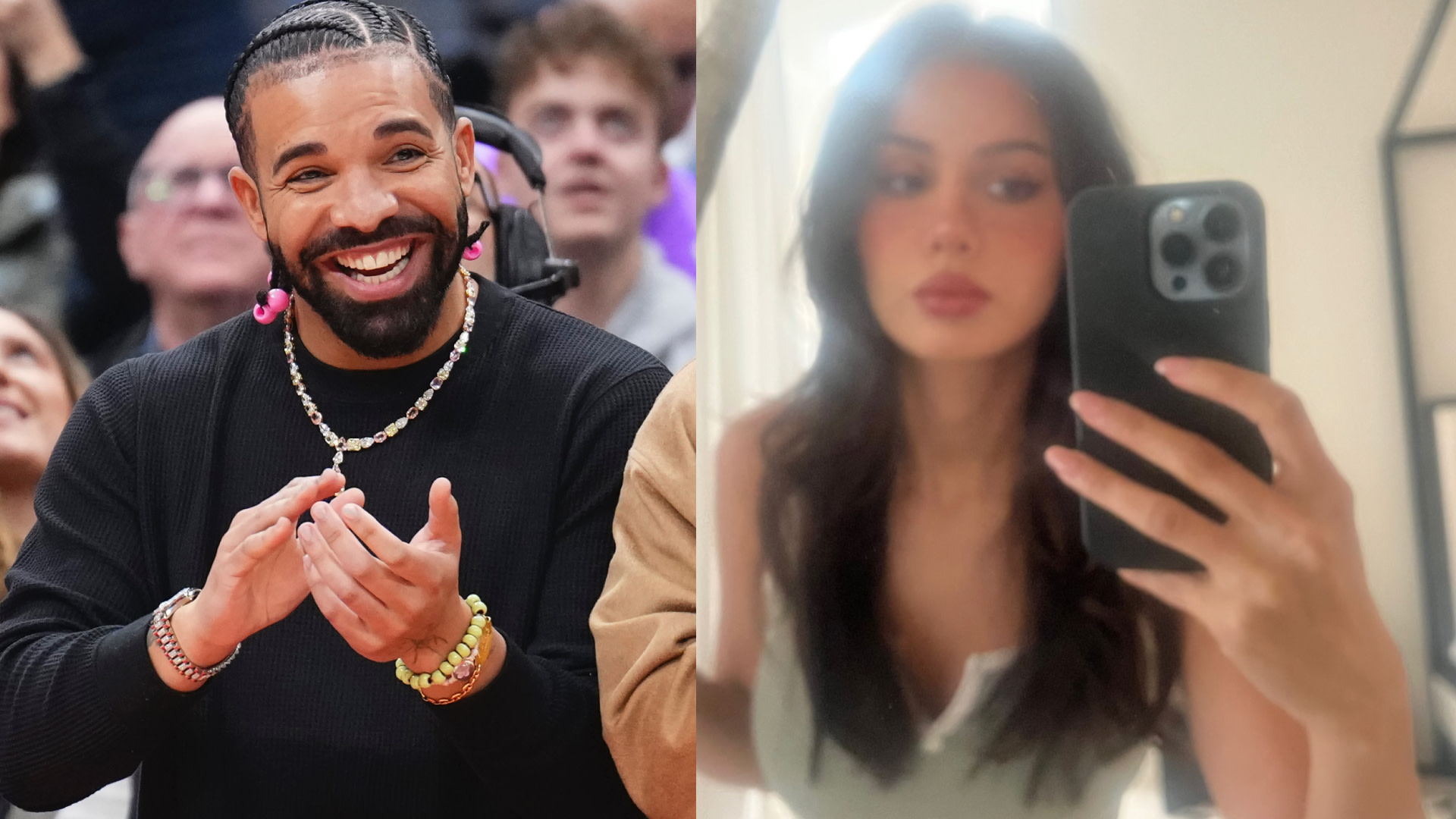 Drake smiling and clapping at an event. A woman taking a mirror selfie with a phone.