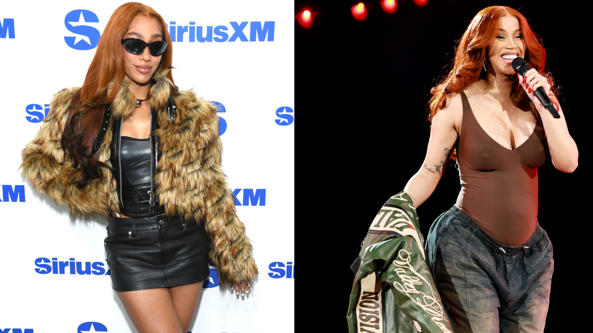 Left: BIA wearing a fur jacket and sunglasses at a SiriusXM event. Right: Cardi B performing on stage in a brown bodysuit.