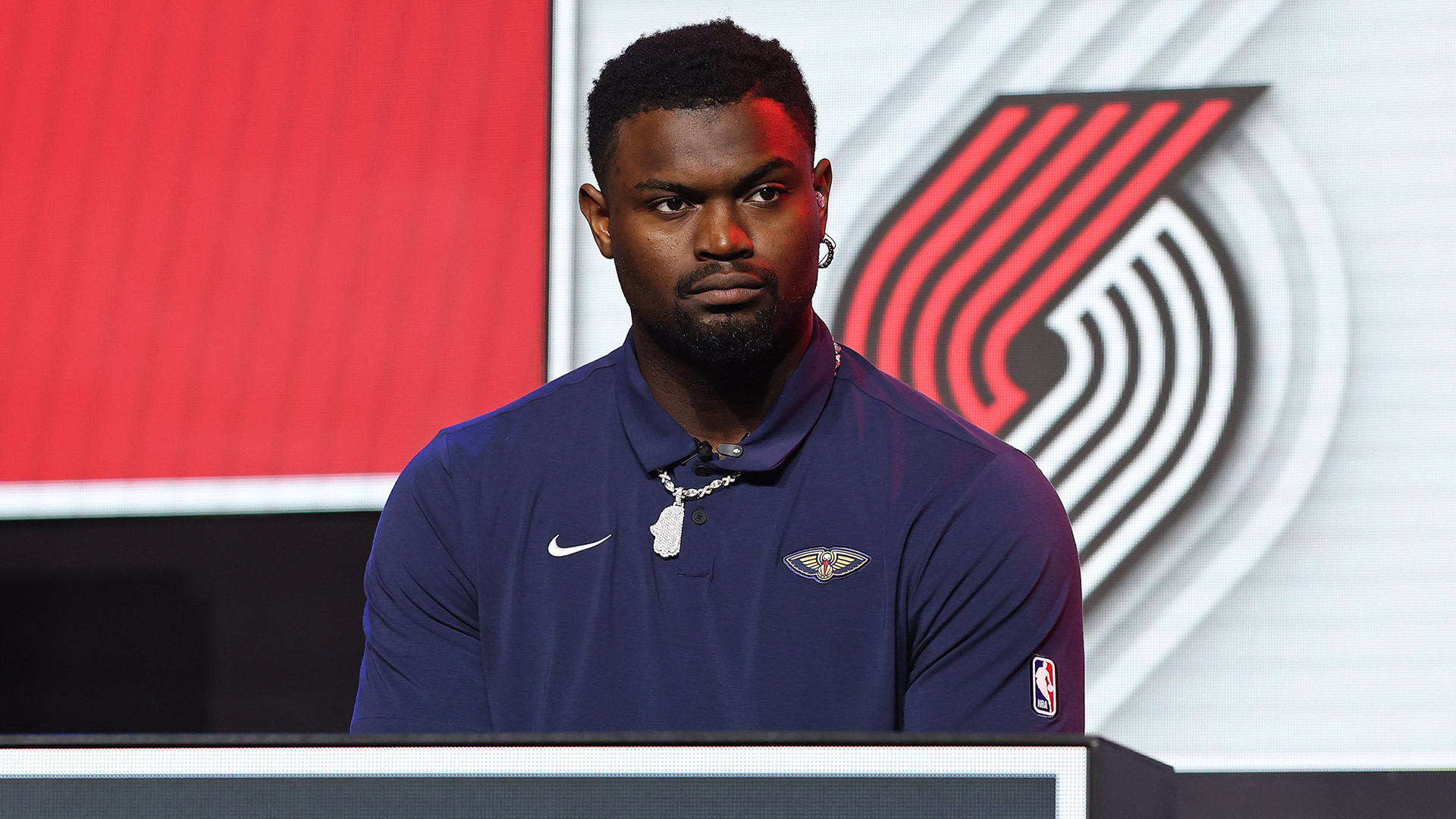Zion Williamson #1 of the New Orleans Pelicans looks on during 2025 NBA Draft Lottery.