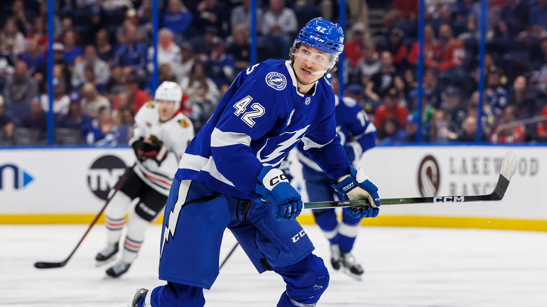 Curtis Douglas #42 of the Tampa Bay Lightning against the Chicago Blackhawks during the first period at Benchmark International Arena on October 23, 2025 in Tampa, Florida.