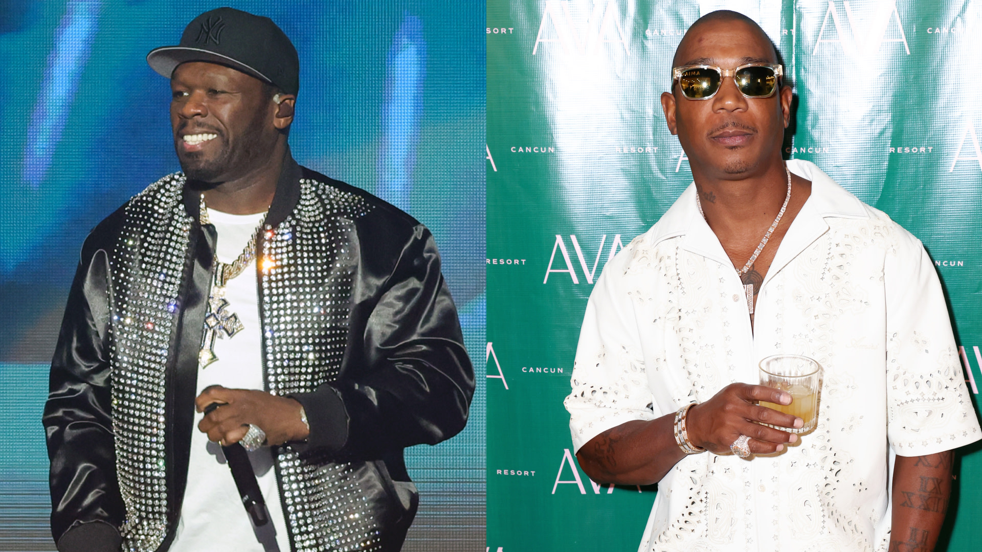 50 Cent performing in a studded jacket and cap; Ja Rule at an event in a white shirt holding a drink.