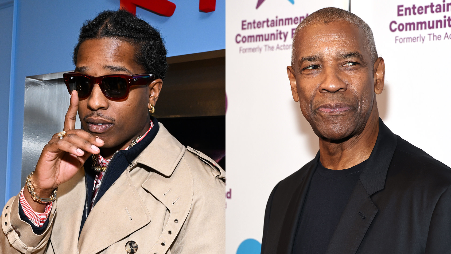 A$AP Rocky wearing sunglasses and a trench coat, alongside Denzel Washington in a black suit.