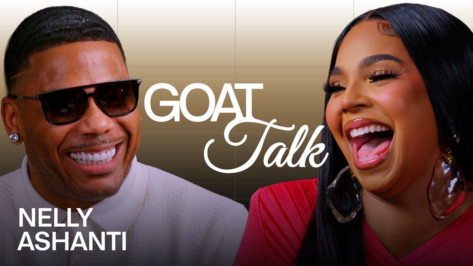 Nelly and Ashanti smiling and laughing on a "GOAT Talk" show poster. Nelly wears sunglasses; Ashanti is in a red outfit.