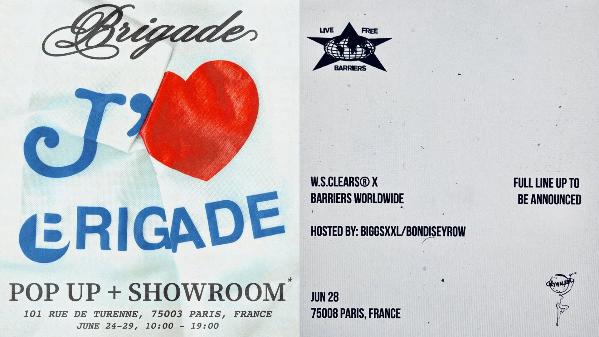 Poster for Brigade's pop-up showroom in Paris, June 24-29, and an event on June 28. Hosted by BIGGSXXL/BONDISEYROW.