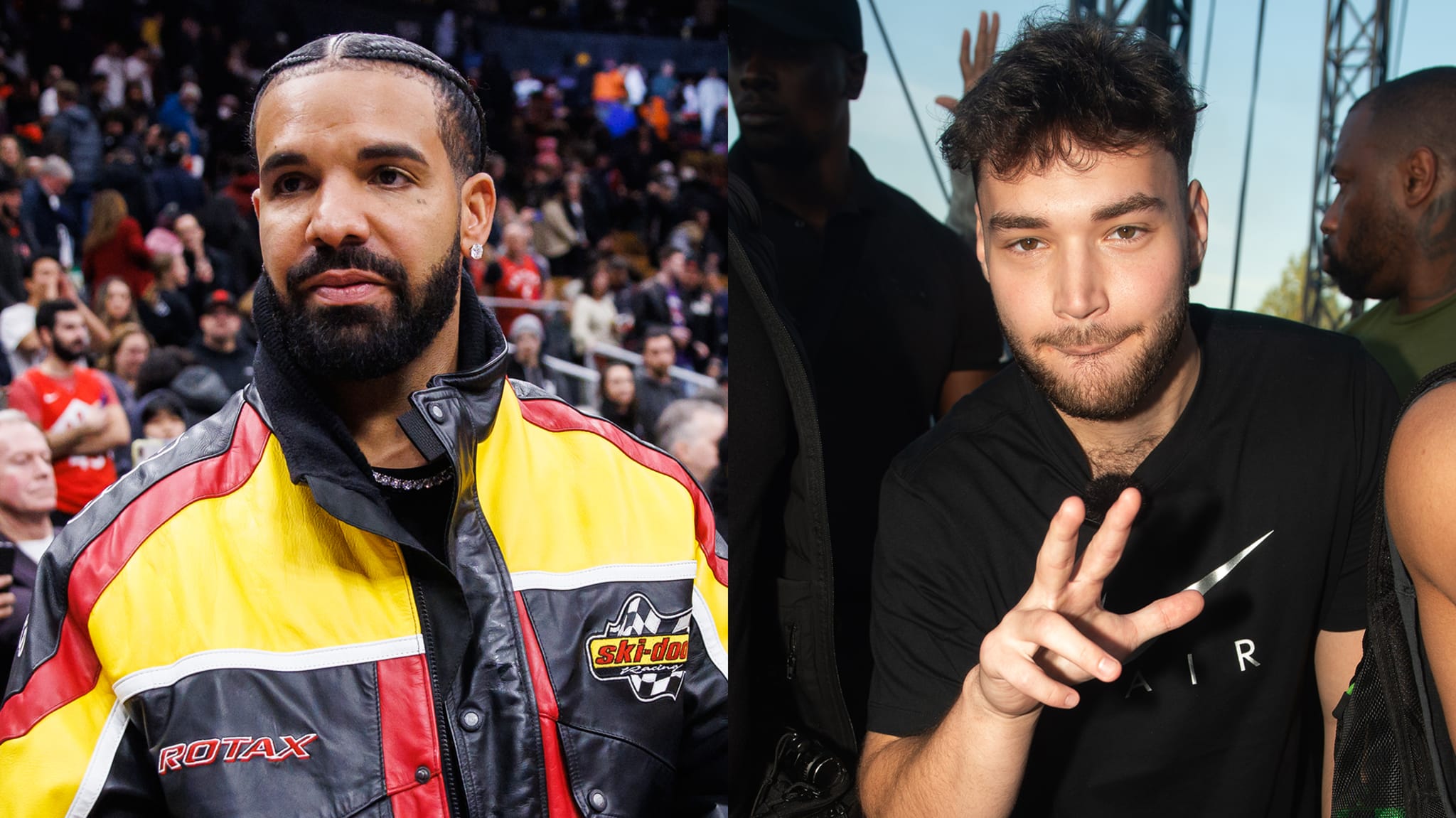 Drake in a colorful jacket at an event, and Adin Ross making a peace sign gesture, both in casual settings.