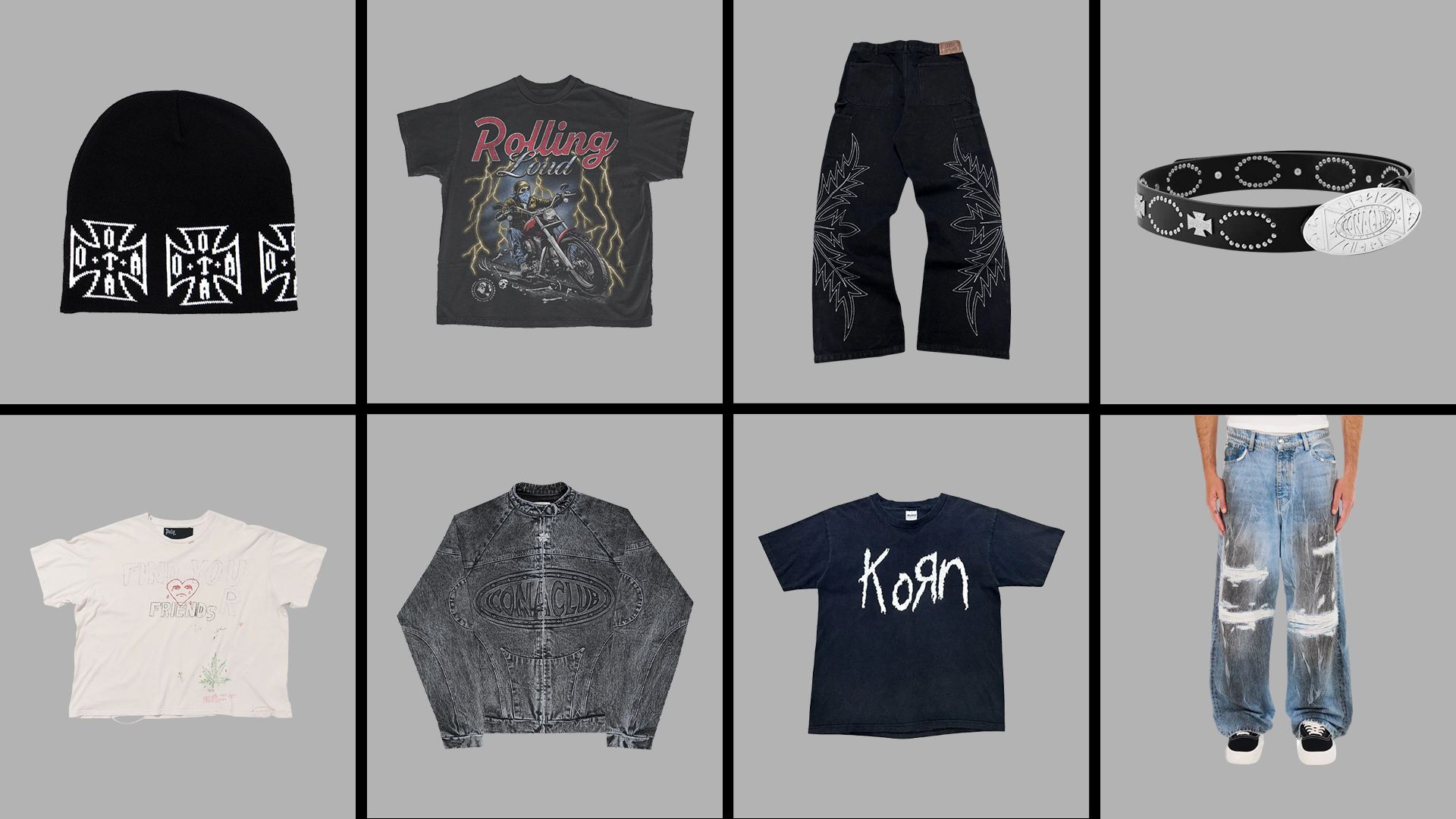 A grid of eight items: a beanie, Rolling Stones t-shirt, black pants, belt, graphic tee, denim jacket, Korn t-shirt, and distressed jeans.
