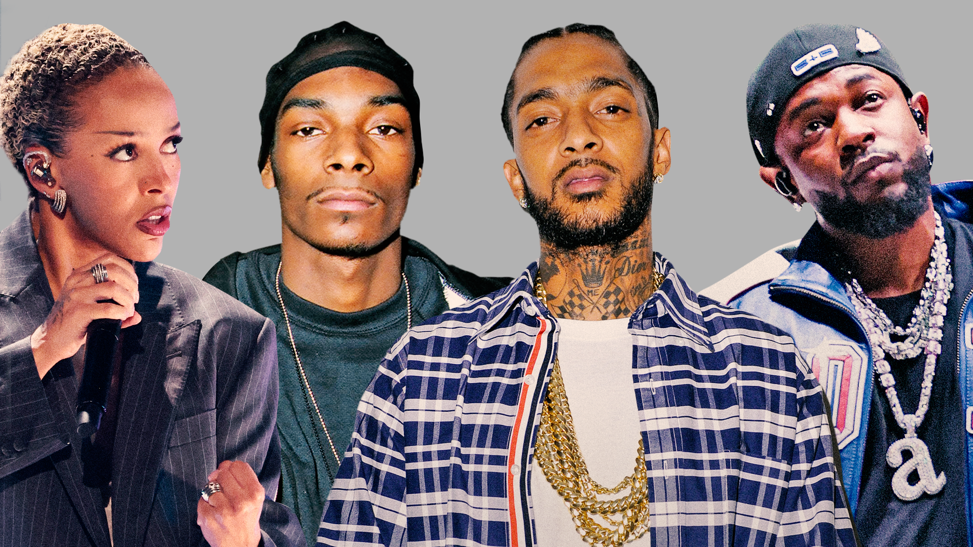 Four musicians are in the image: Doja Cat, Snoop Dogg, Nipsey Hussle, and Kendrick Lamar, each with distinct styles and attire.