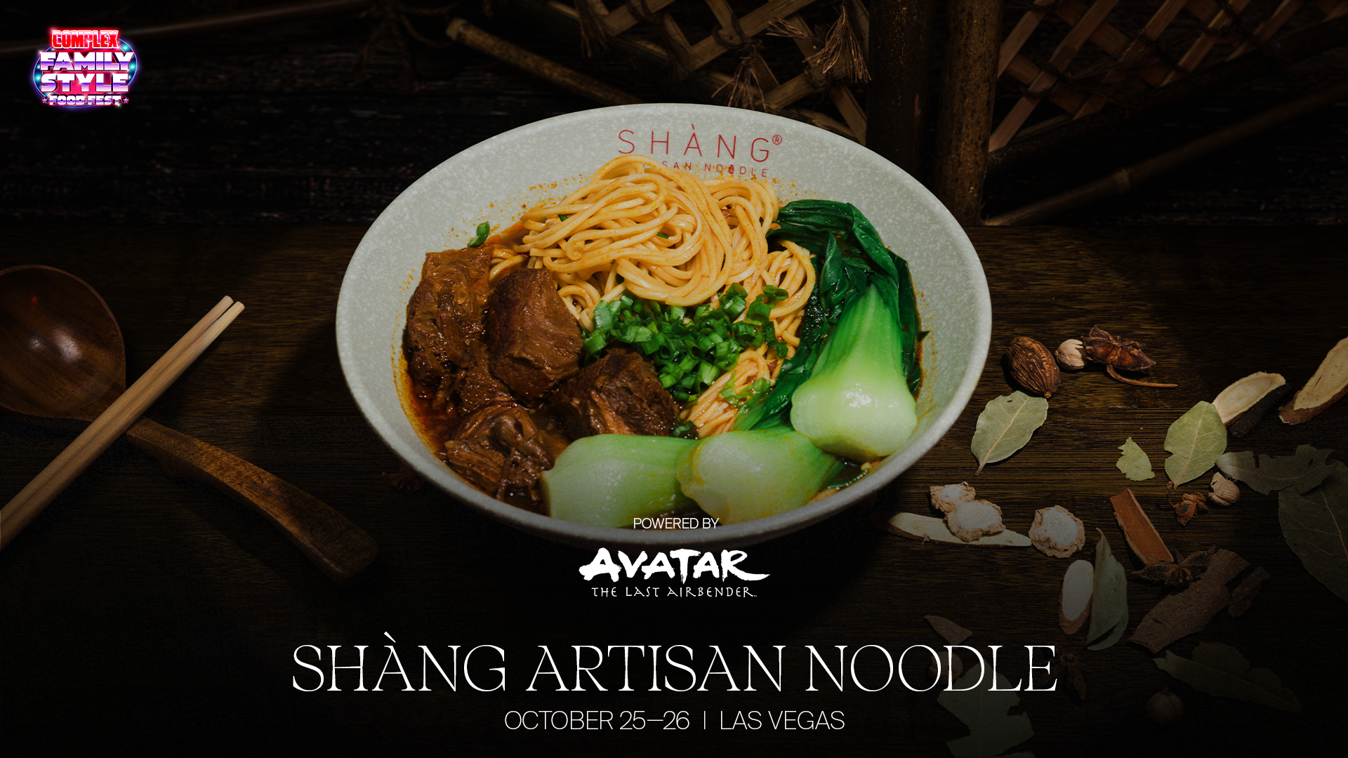 A bowl of noodles with beef and bok choy, labeled "Shàng Artisan Noodle," with "Avatar: The Last Airbender" branding, Las Vegas event.