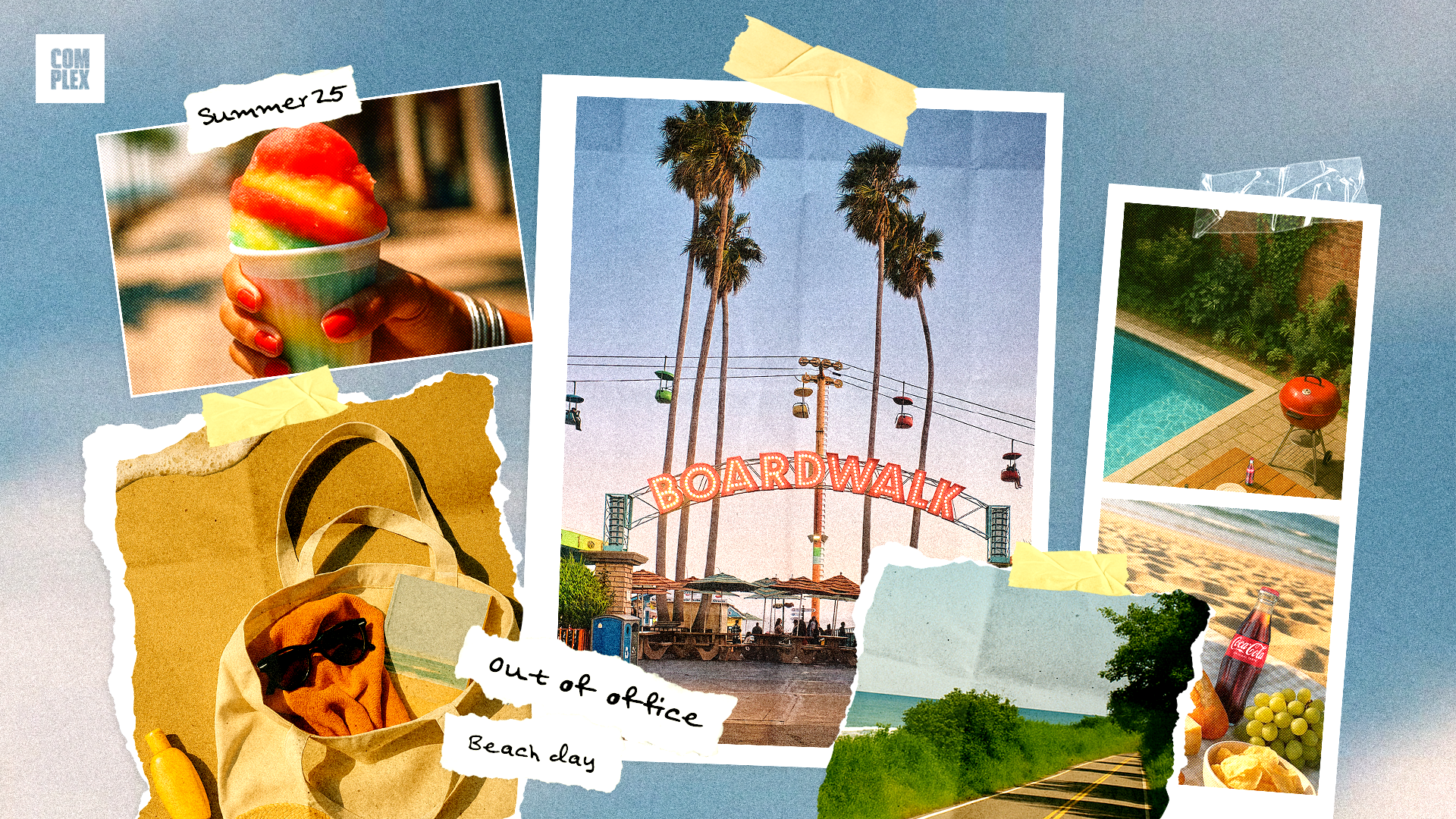 A collage of summer-themed images: a snow cone, boardwalk entrance with palm trees, poolside scene, beach view, and a tote bag with beach items.