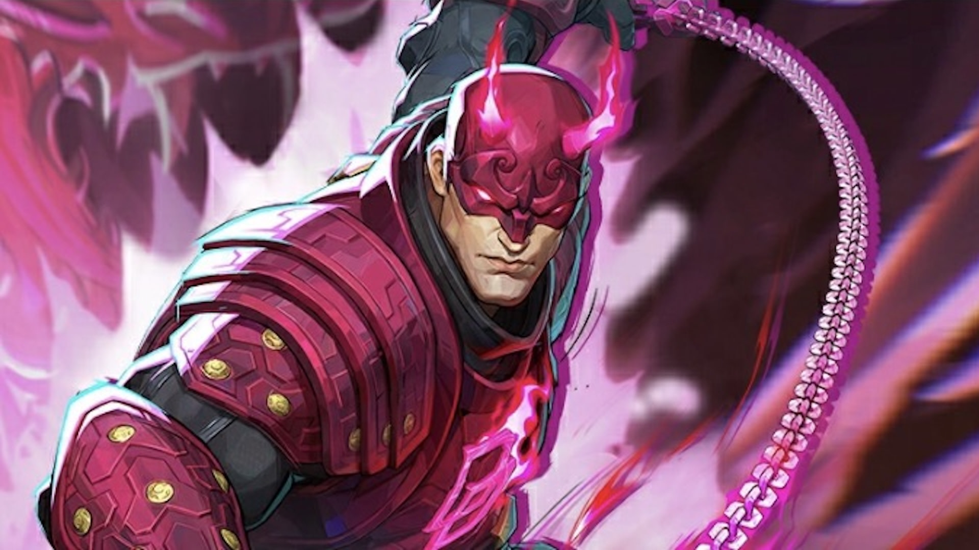 A stylized illustration of a superhero in red armor with glowing pink accents, wielding a chain weapon. The background is dynamic and abstract.
