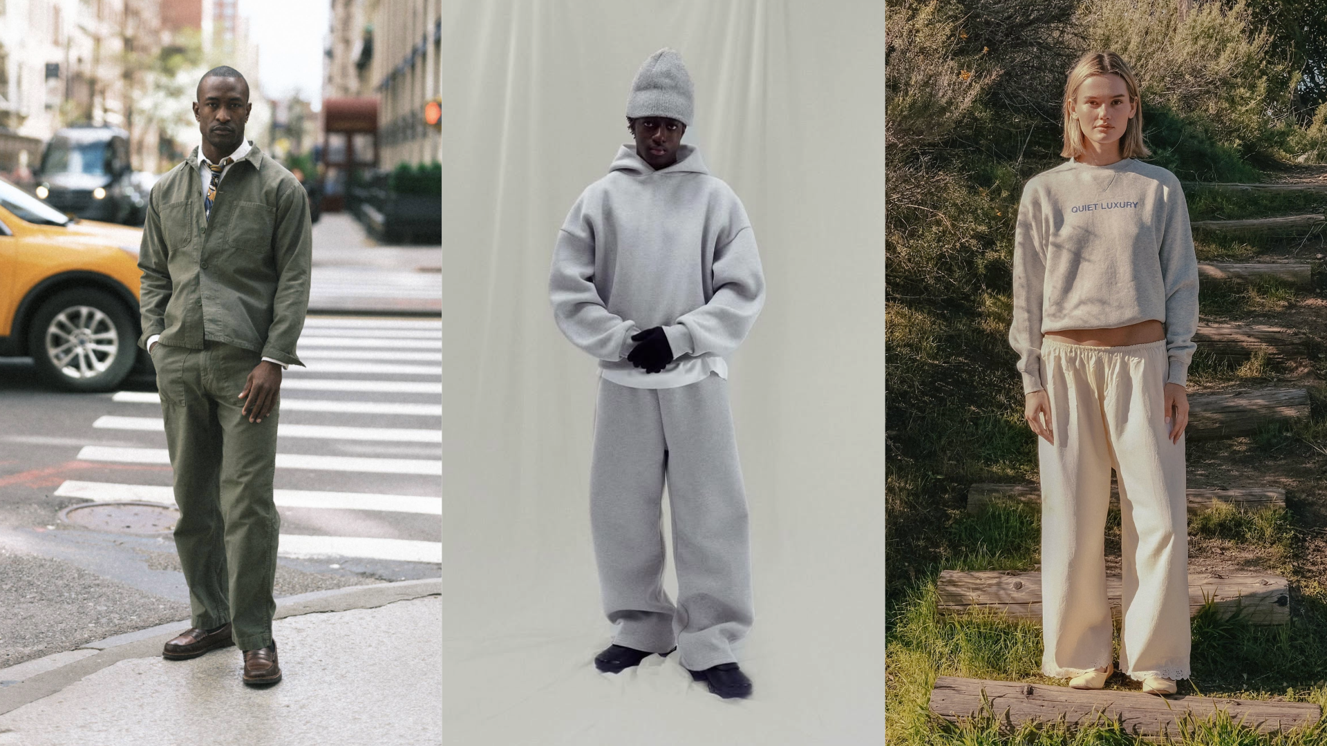 Three individuals in different outfits: one in green workwear, another in a gray tracksuit, and a third in casual beige clothing outdoors.