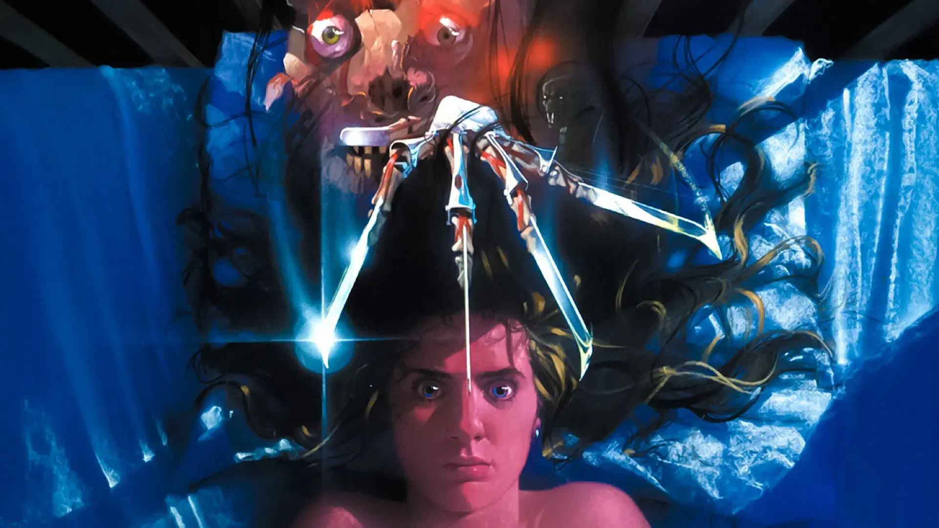 A woman lies in bed with a terrified expression as a monstrous figure with clawed fingers looms above her, set against a blue background.