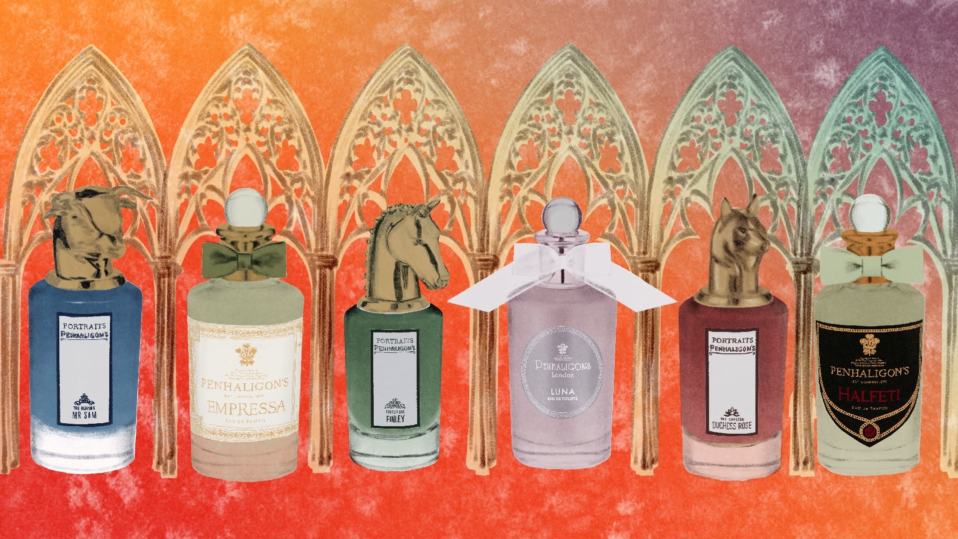 A lineup of seven Penhaligon's perfume bottles with ornate caps, set against a gradient background with decorative arches.