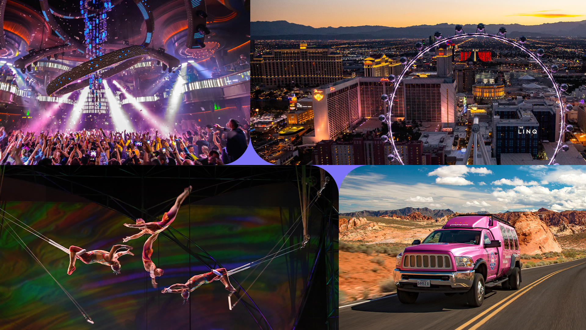 A collage of Las Vegas scenes: a vibrant nightclub, city skyline with Ferris wheel, acrobats performing, and a pink jeep on a desert road.