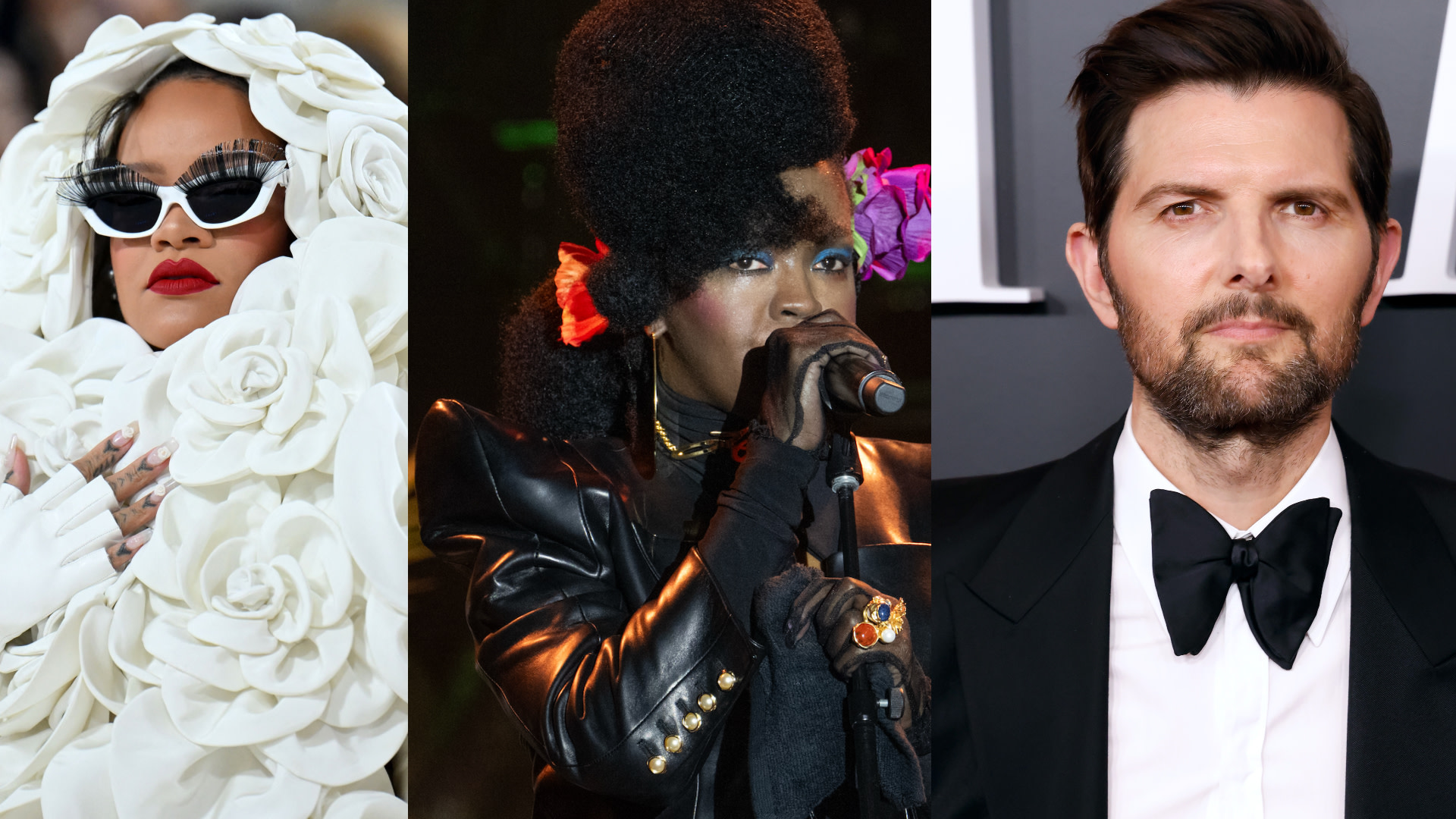 Rihanna in a floral outfit, Lauryn Hill performing in leather with a microphone, and Adam Scott in a tuxedo at an event.