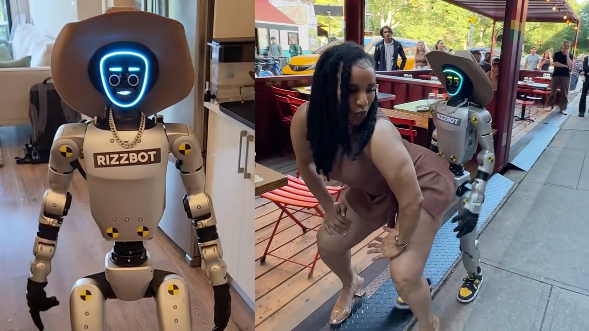 A robot labeled "Rizzbot" wearing a cowboy hat, and a woman dancing in front of it outdoors near a café with red chairs.
