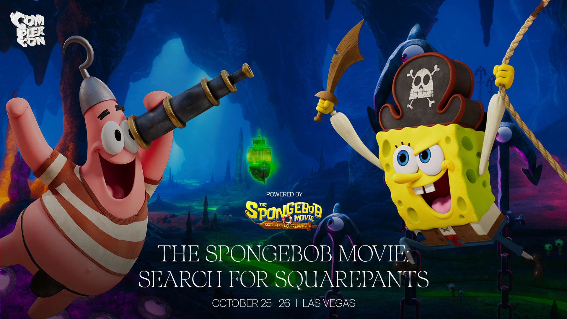SpongeBob and Patrick in pirate attire, swinging in a colorful underwater cave. Text: "The SpongeBob Movie: Search for SquarePants."