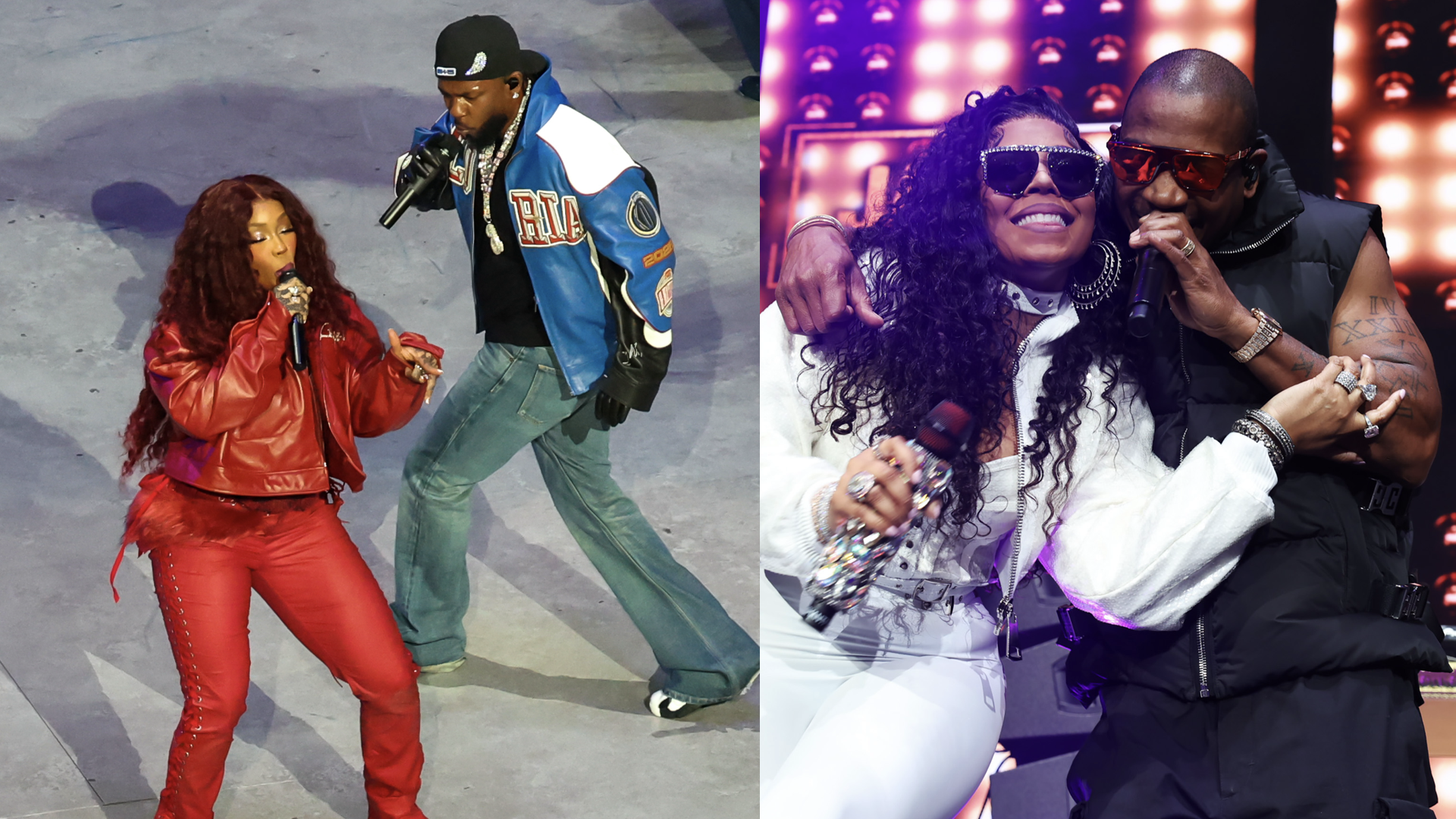 SZA and Kendrick Lamar performs during the Apple Music Super Bowl LIX Halftime Show on February 9, 2025 at the Caesars Superdome in New Orleans, LA/Ashanti and Ja Rule attend DJ Cassidy's Pass The Mic Live! at Prudential Center on May 12, 2023 in Newark, New Jersey.