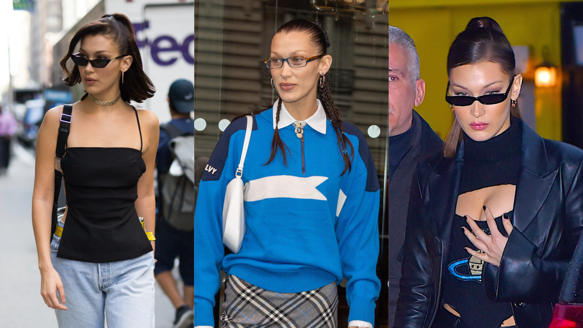 Bella Hadid in three outfits: casual black top and jeans, blue sweater with plaid skirt, and a chic black ensemble with sunglasses.