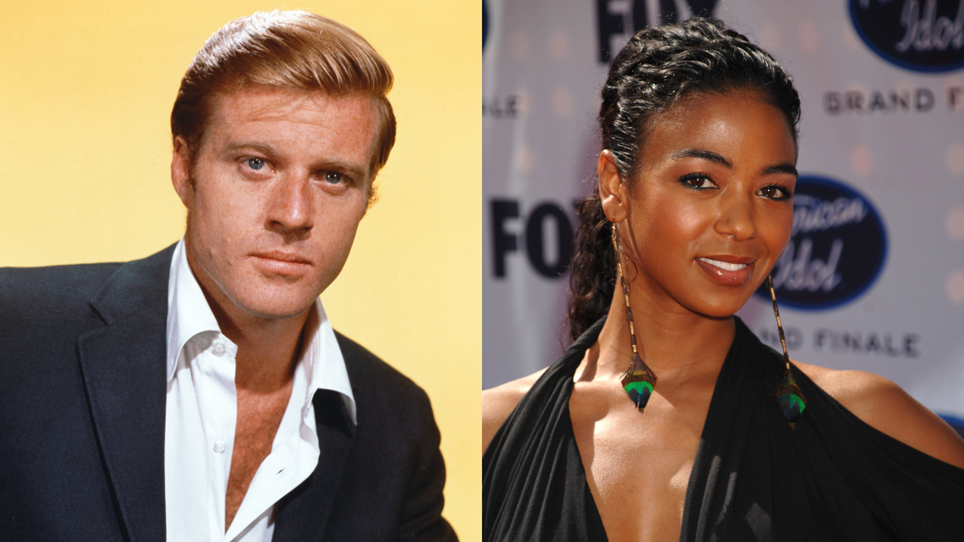 Split image: Left, a man in a suit with blond hair; right, a woman in a black dress with long earrings at an event.