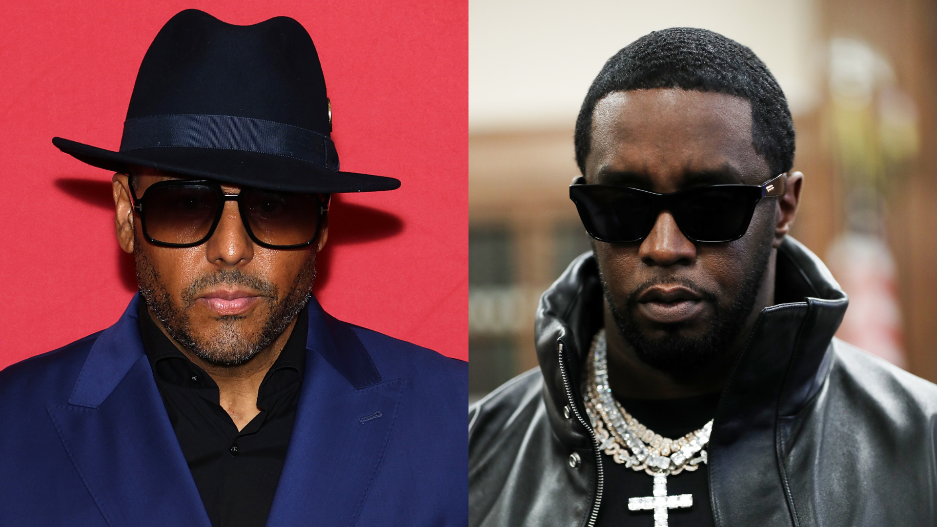 Two men in sunglasses; one in a blue suit and hat, the other in a black leather jacket with chains.