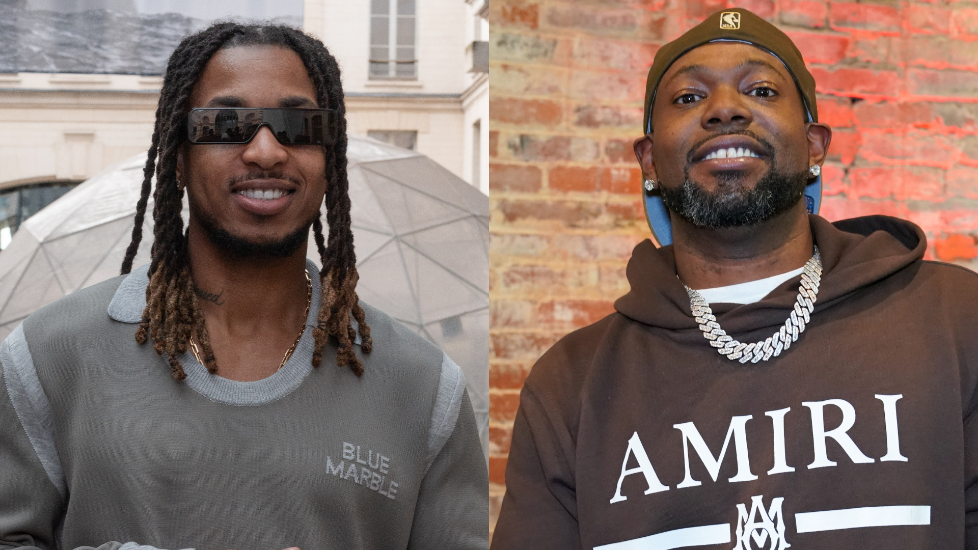 Two men are side by side; one with sunglasses and dreadlocks in a "Blue Marble" sweater, the other in an "Amiri" hoodie and cap.